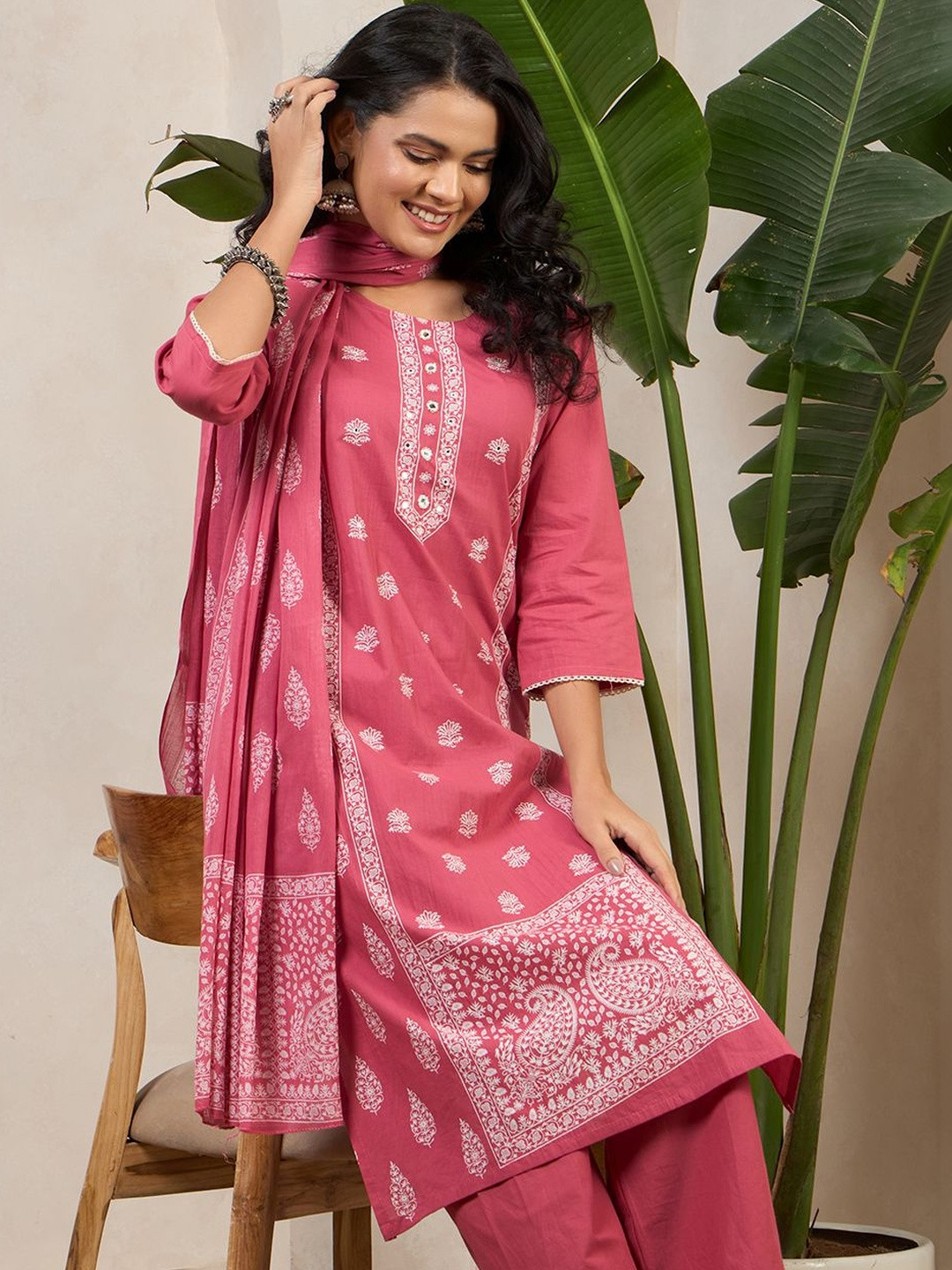 Anouk Women Ethnic Motifs Printed Regular Thread Work Pure Cotton Kurta with Trousers & With Dupatta