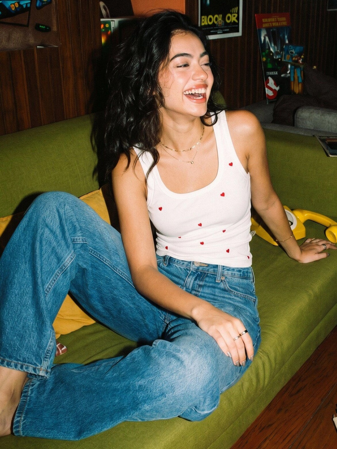 Uptownie White Heart Embroidered Cotton Ribbed Tank Top