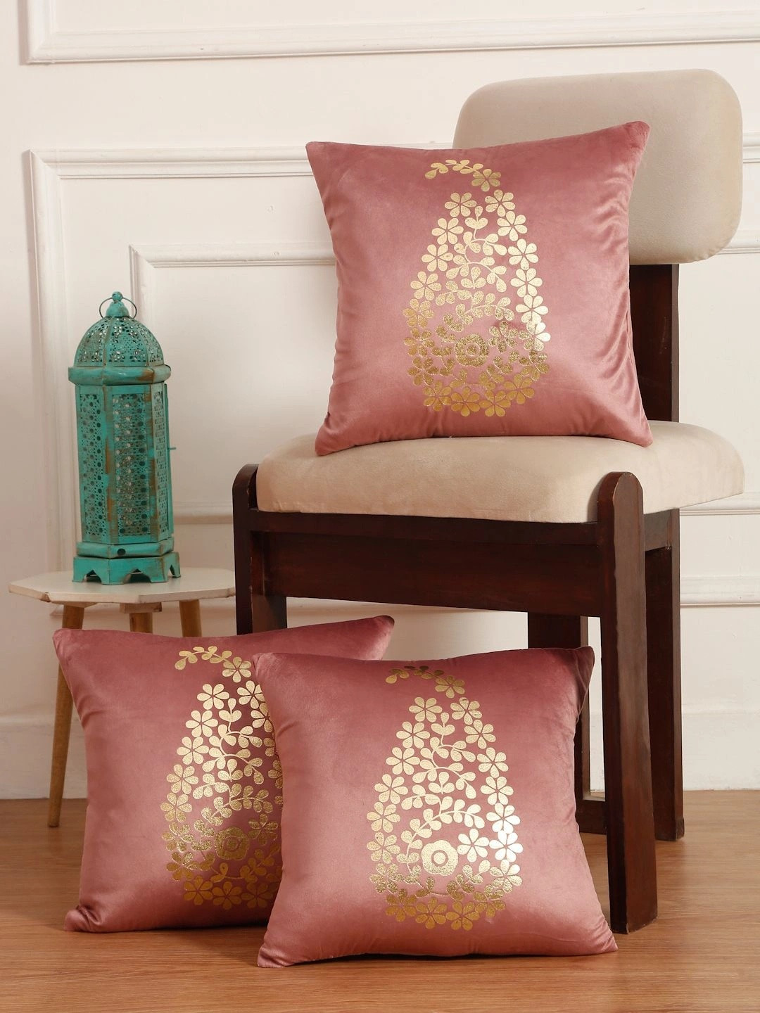 Myntra Elegant Homes Peach-Coloured Set of 3 Floral Velvet Square Cushion Covers