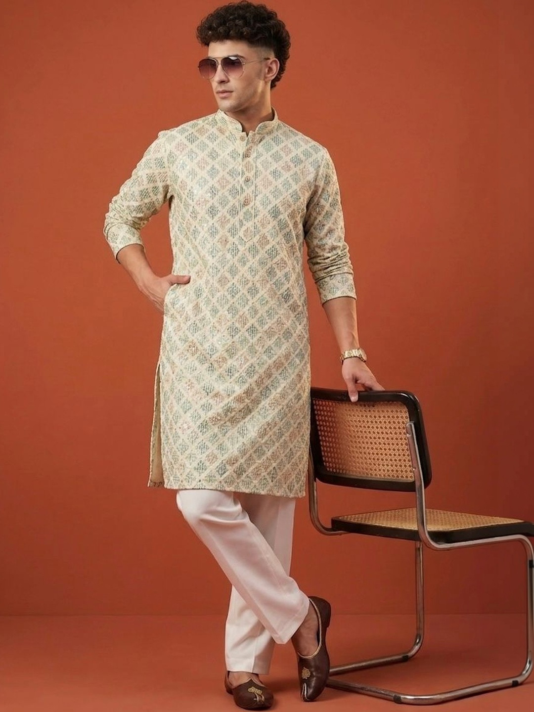Anouk Men Embroidered Geometric Sequinned Kurta