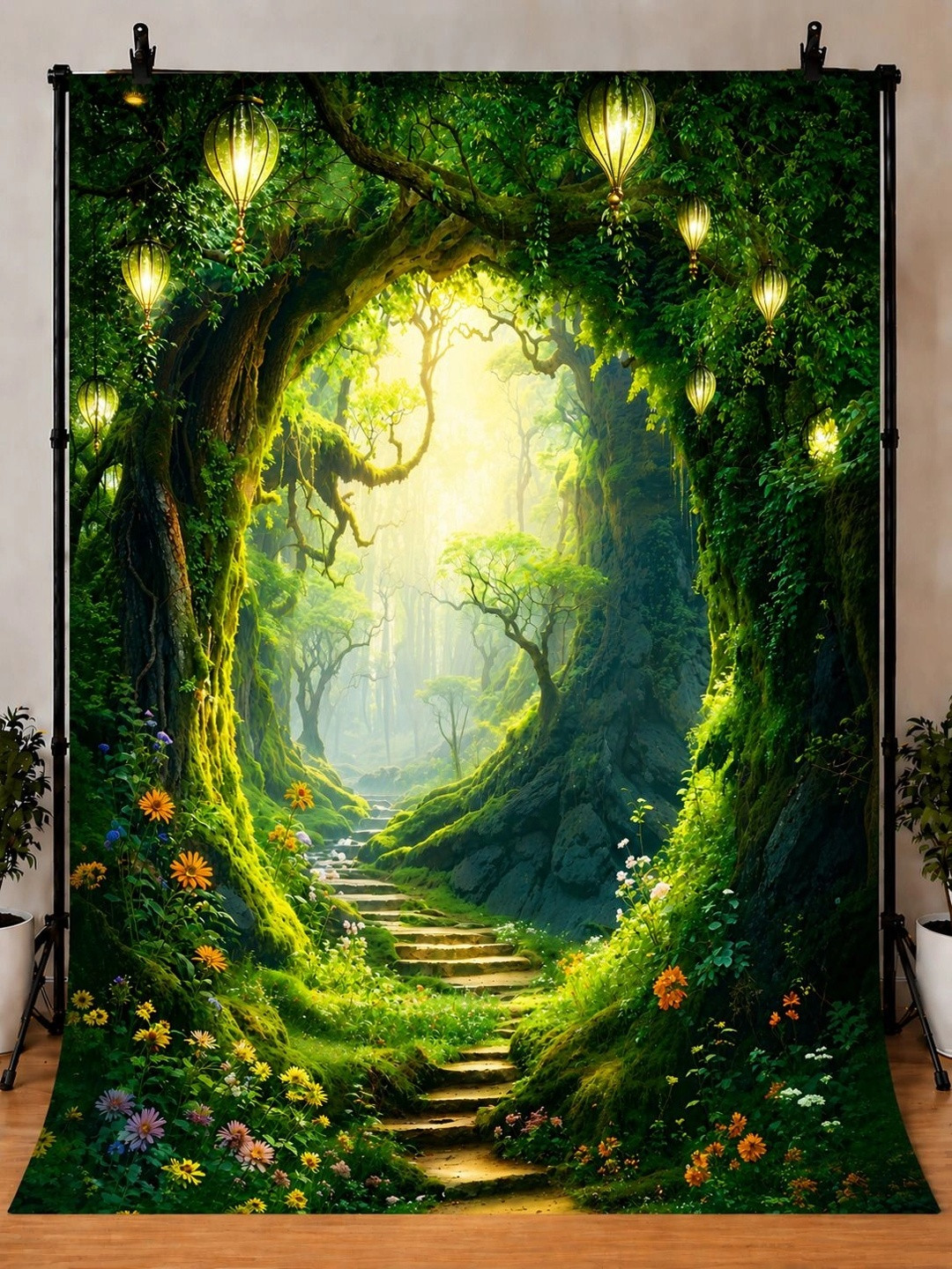 Backdropon Green & Pink Beautiful Nature Design Printed Fabric Backdrop
