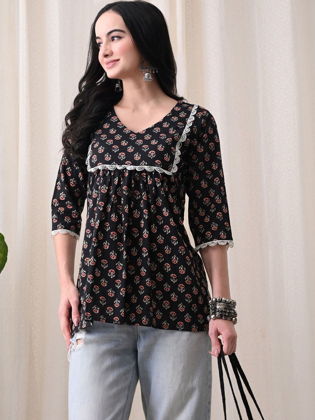 Anouk Ethnic Motifs Printed V-Neck Pure Cotton Blend Empire Kurti