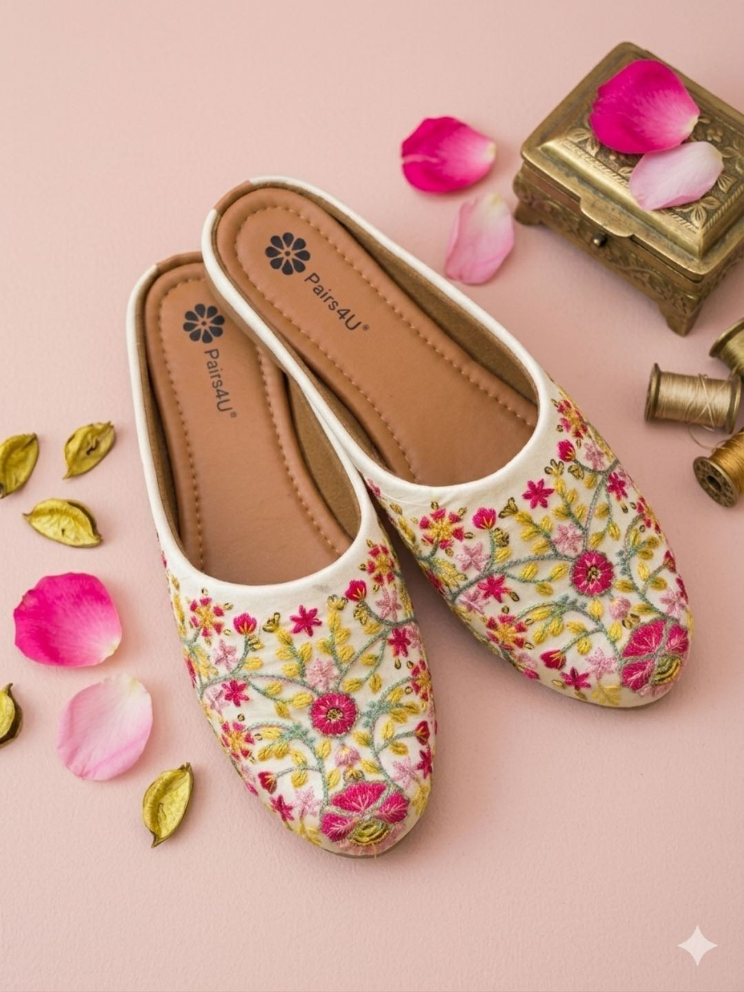 Anouk Women Printed Party Mojaris with Embroidered Flats