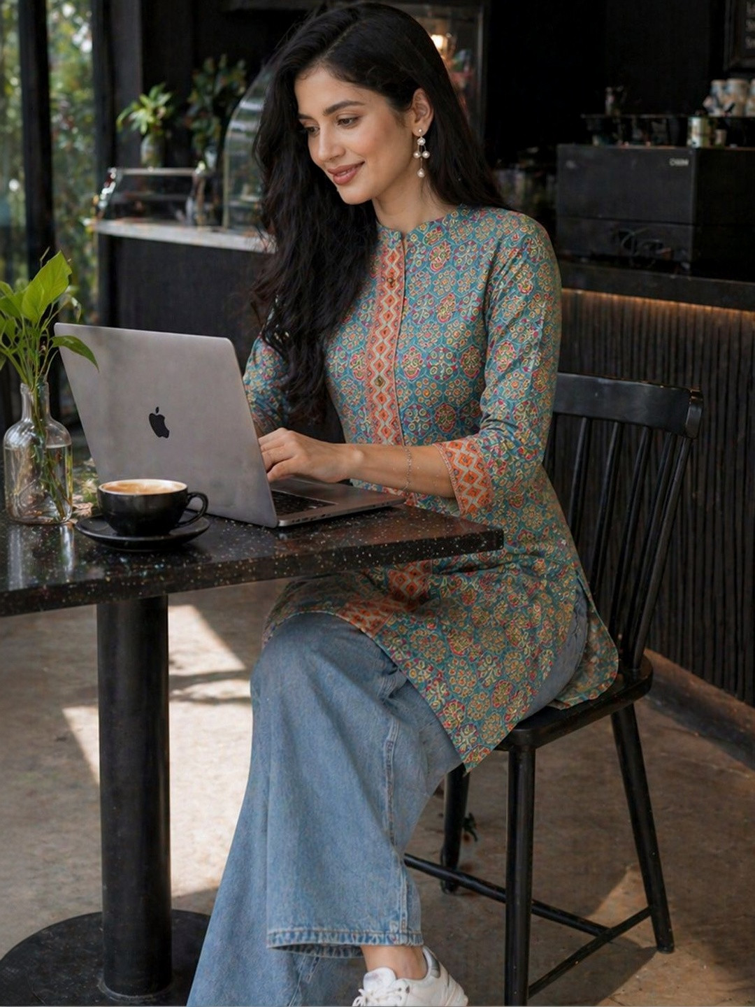 Anouk Women Blue Printed Straight Polyester Knee Length Kurta with Mandarin Collar