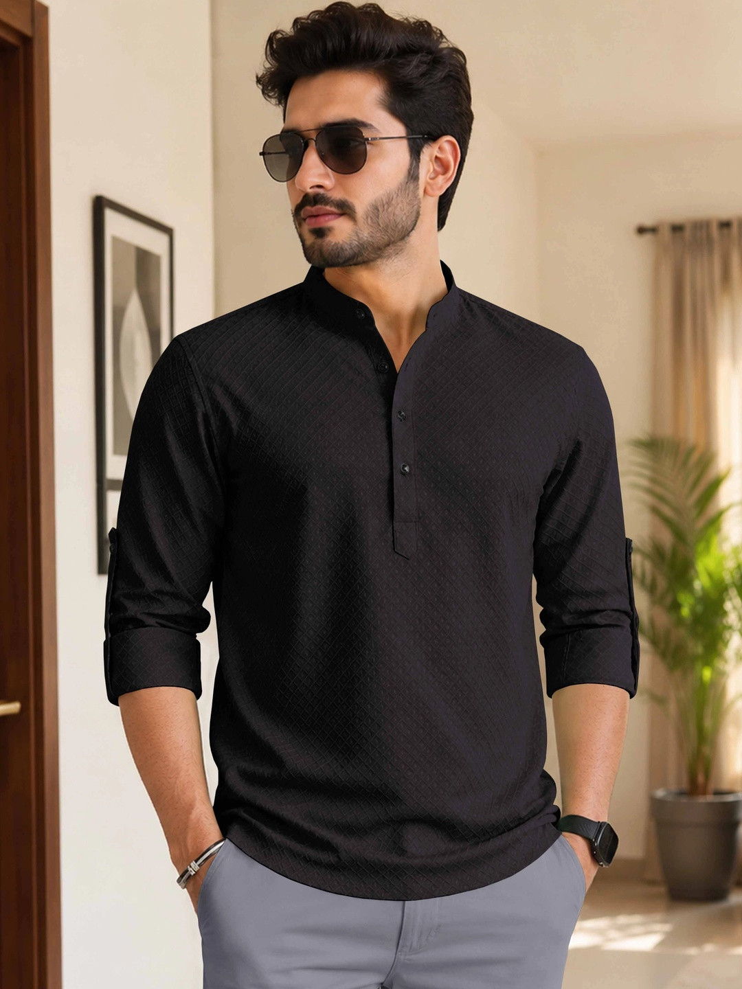 VeBNoR Men Thread Work Dobby Kurta
