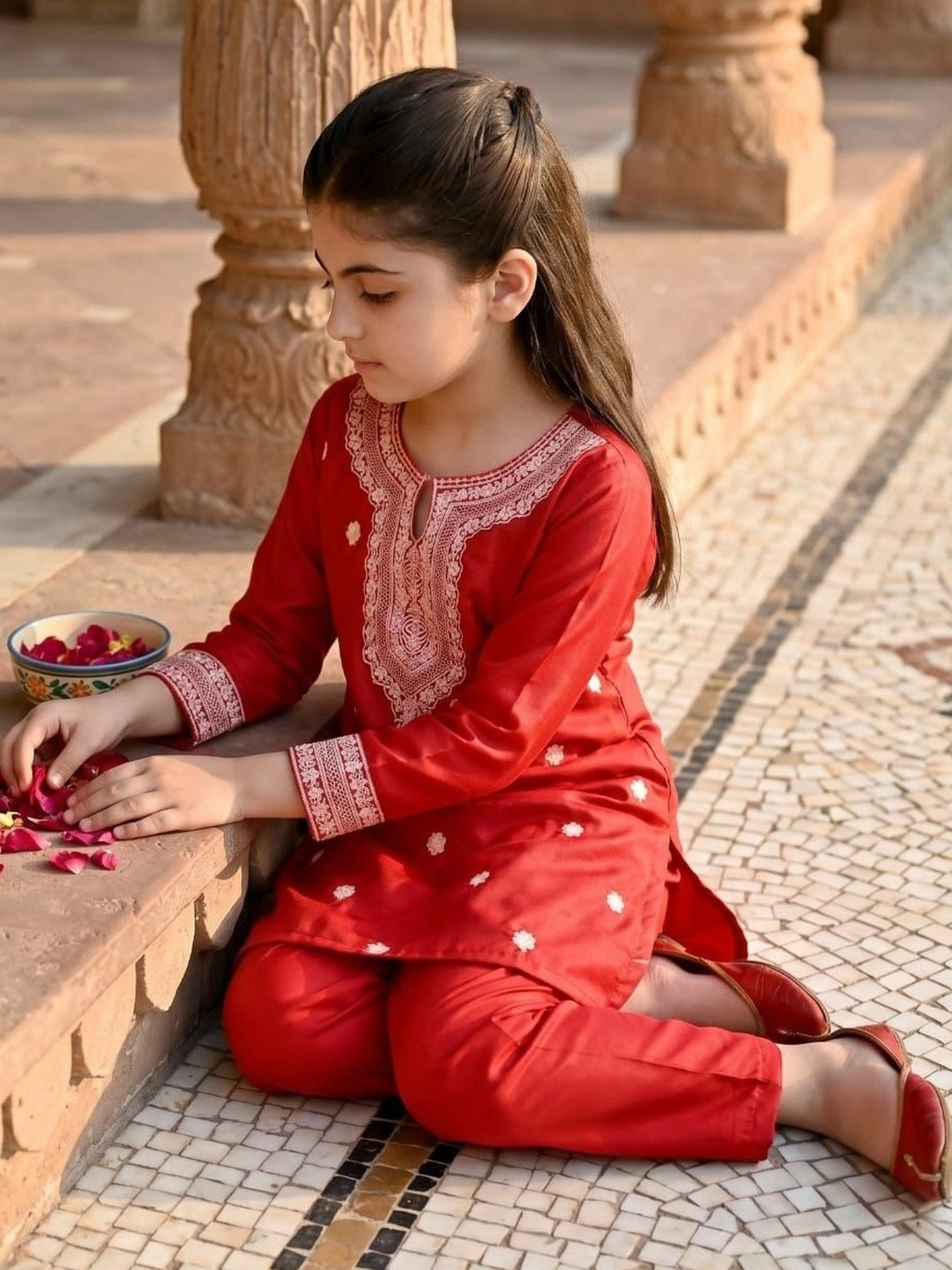 KALINI Girls Ethnic Motifs Embroidered Regular Thread Work Kurta with Trousers
