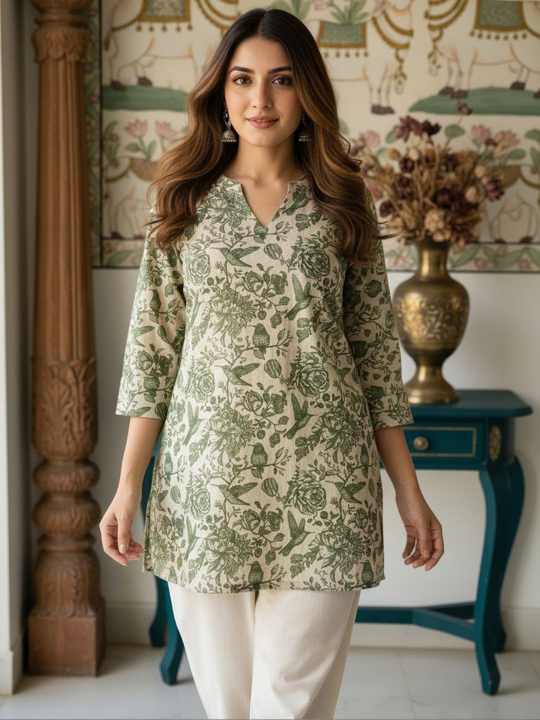 Anouk Botanical Printed V-Neck Pure Cotton Kurti