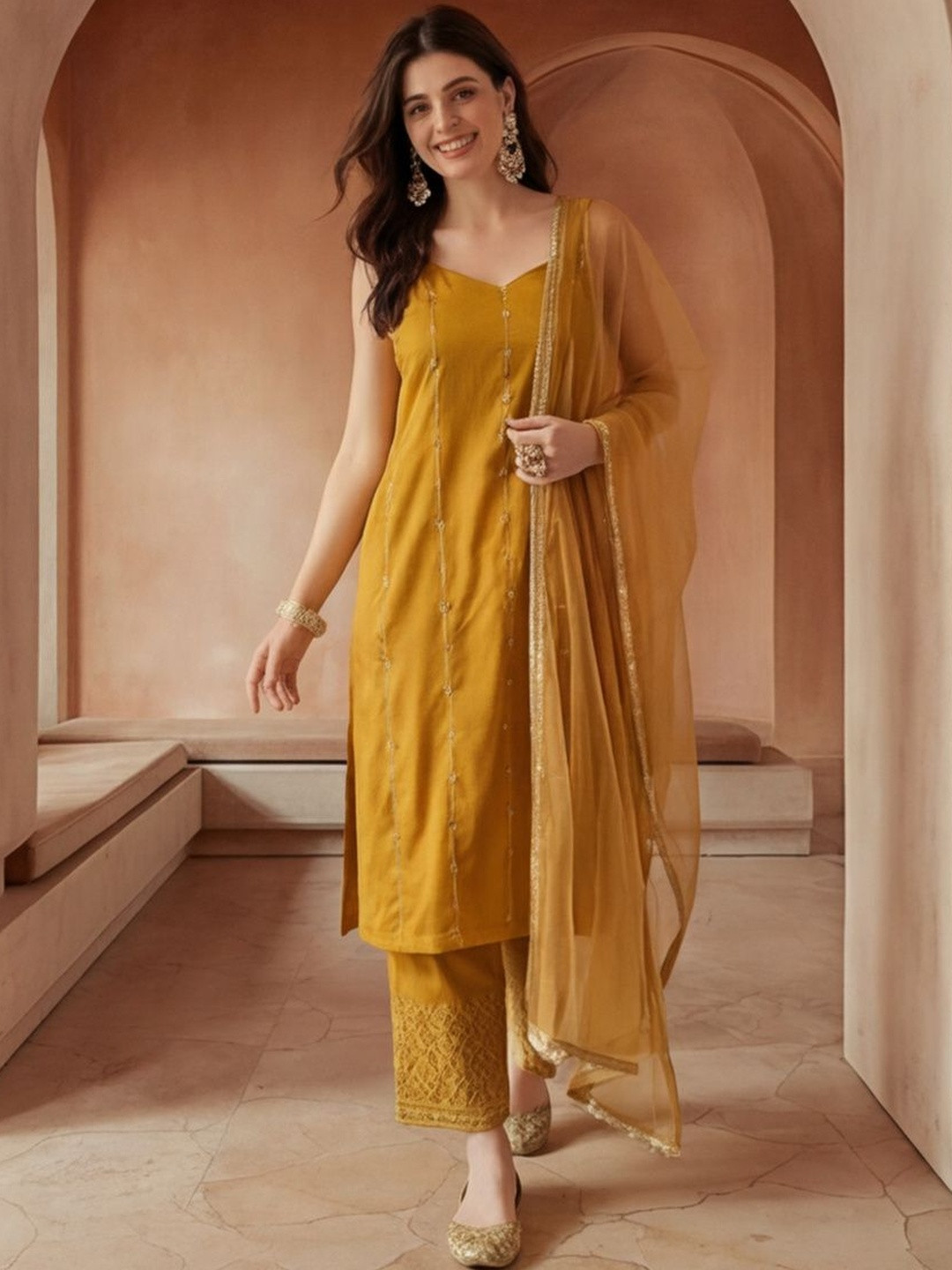 Anouk Women Ethnic Motifs Embroidered Regular Thread Work Kurta with Trousers & With Dupatta