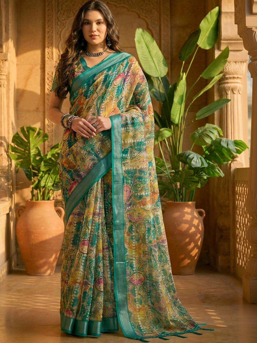 Sangria Floral Zari Pure Linen Designer Khadi Saree
