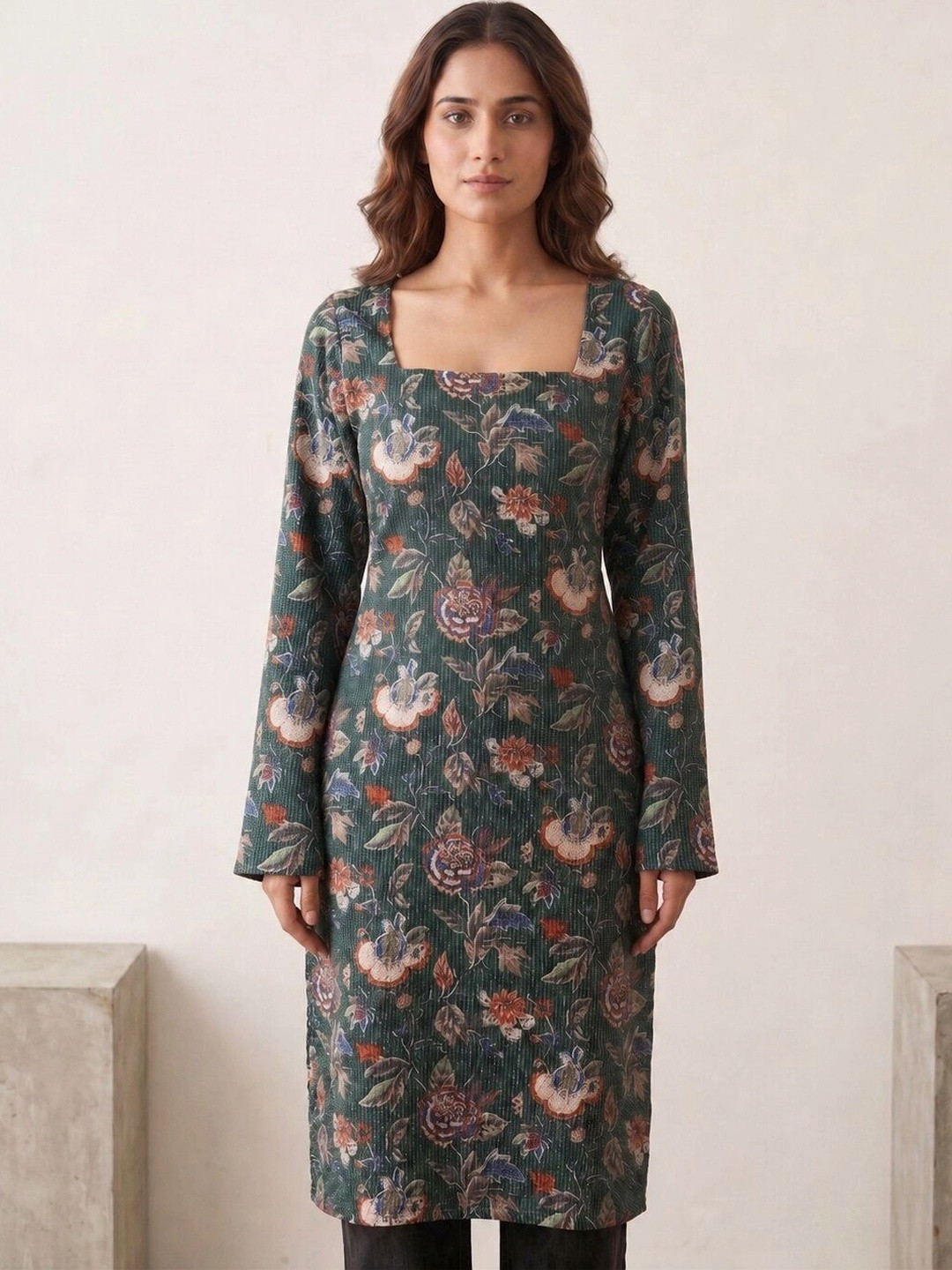 mudscare Floral Printed Square Neck Pure Cotton Kurti