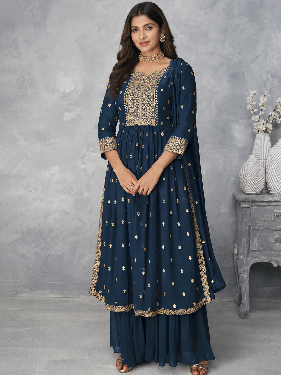 Xomantic Fashion Women Nyra Cut Embroidery Kurti Palazzo and Dupatta set