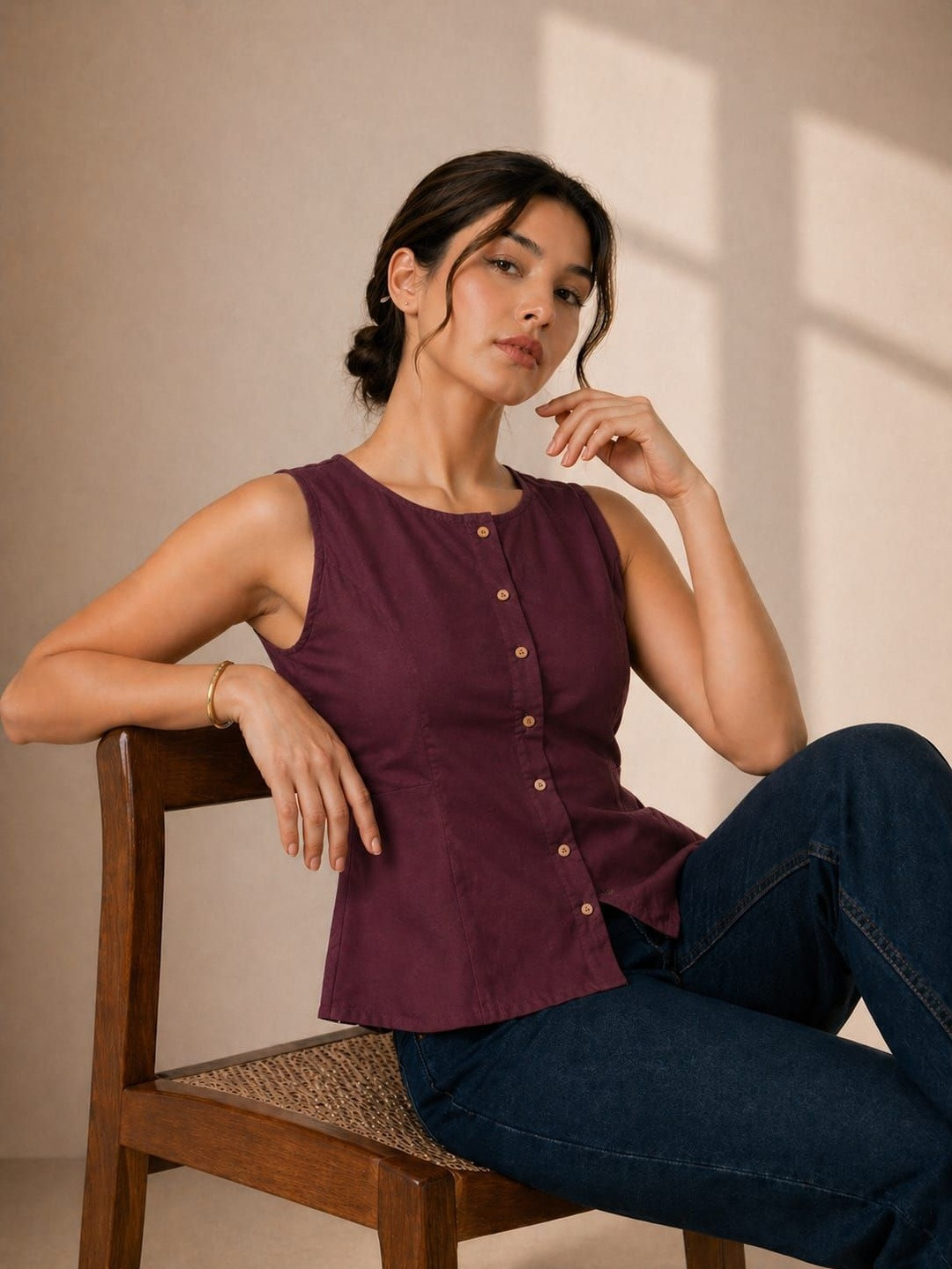 Women Solid Peplum Pure Cotton Sleeveless Top