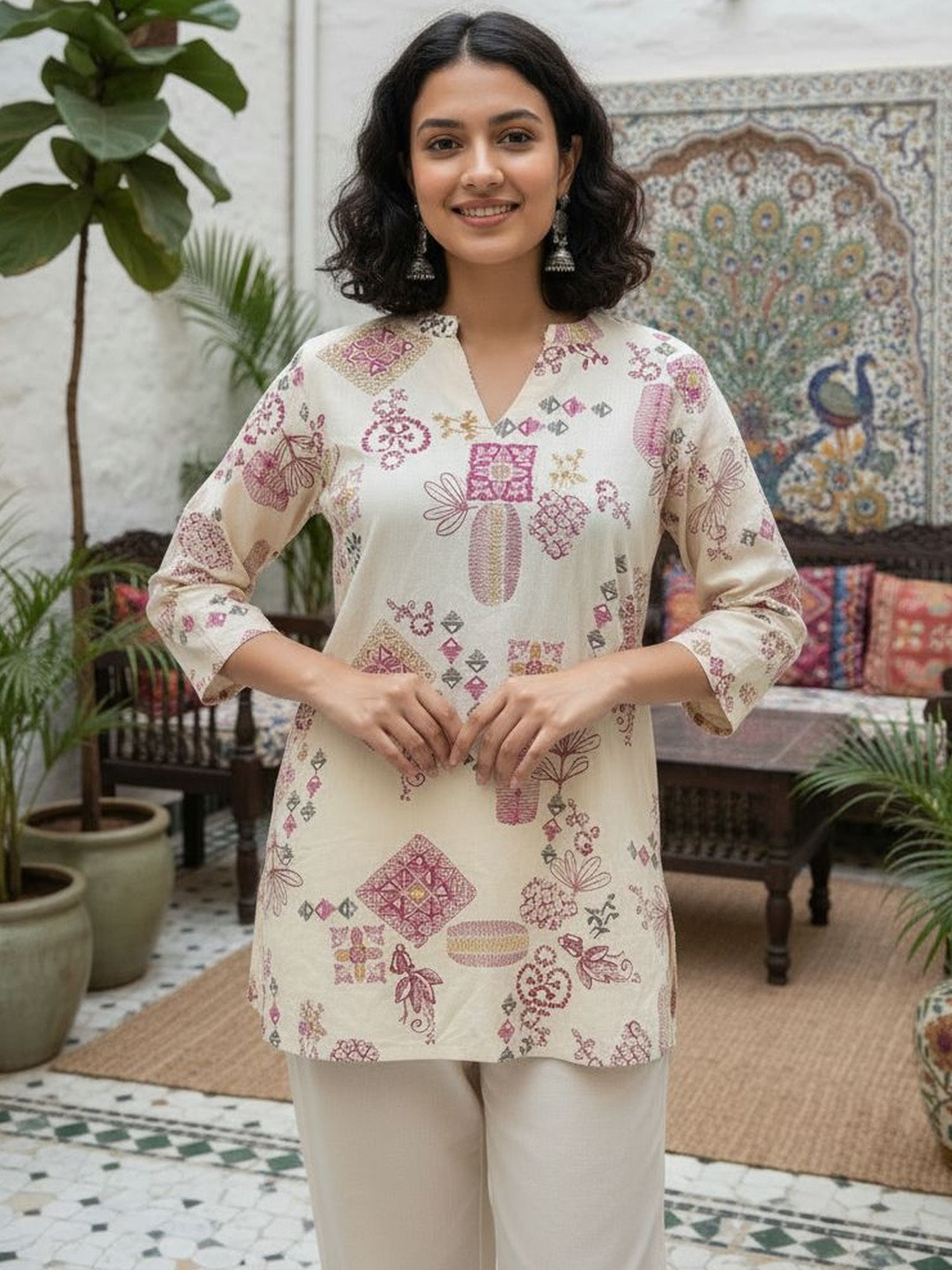 Anouk Ethnic Motifs Printed V-Neck Pure Cotton Kurti