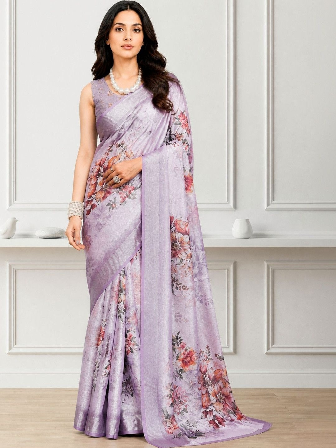 Anouk Women Floral Printed Woven Design Linen Blend Saree