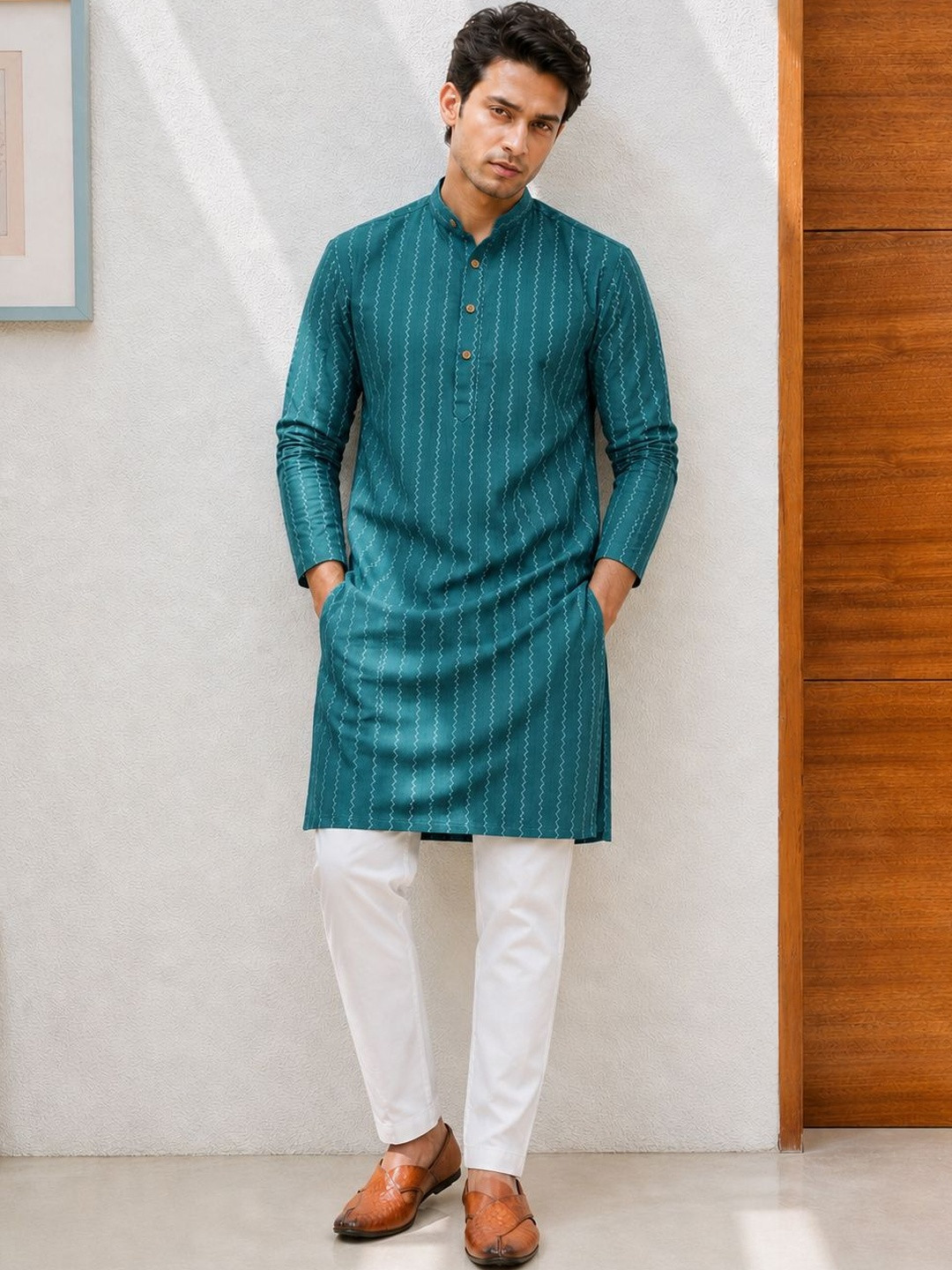 Anouk Men Pure Cotton Self Pattern Long Kurta