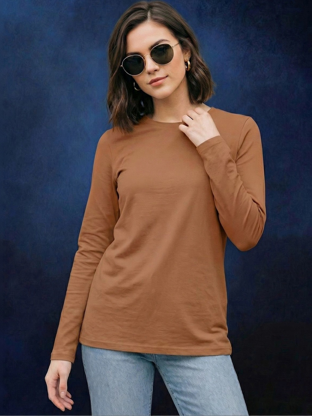 JUNEBERRY Women Brown Solid Round Neck Regular Fit Pure Cotton Full Sleeve T-shirt