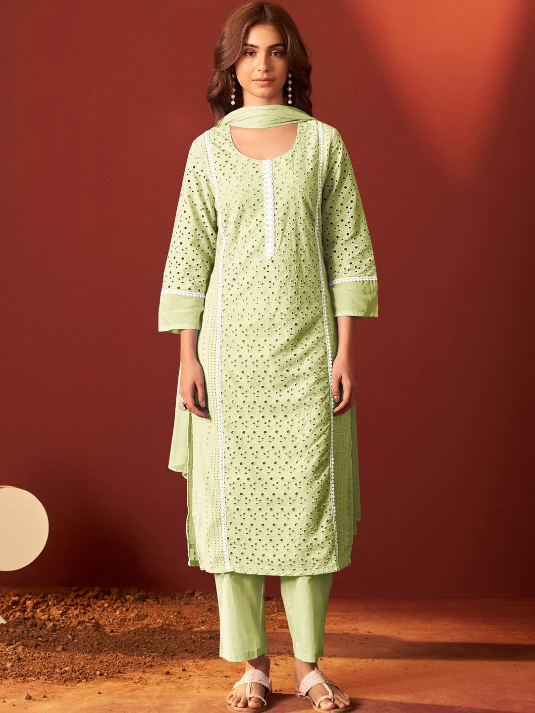 Anouk Women Ethnic Motifs Regular Chikankari Pure Cotton Kurta with Trousers & With Dupatta