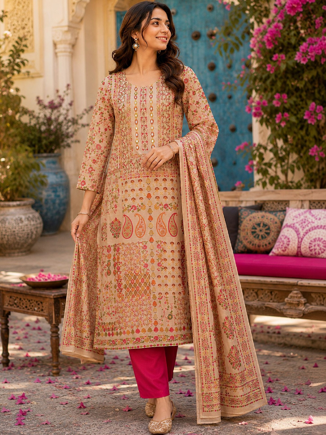 Anouk Women Floral Printed Regular Mirror Work Kurta with Trousers & With Dupatta