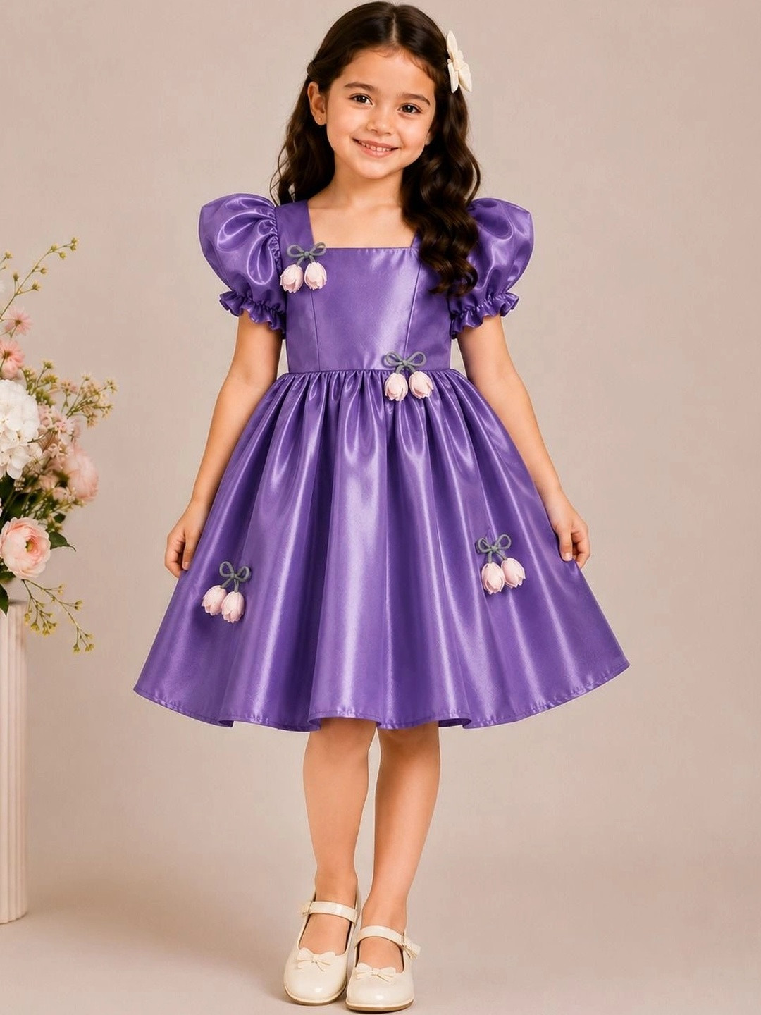 TILISM Puff Sleeve Applique Satin A-Line Dress