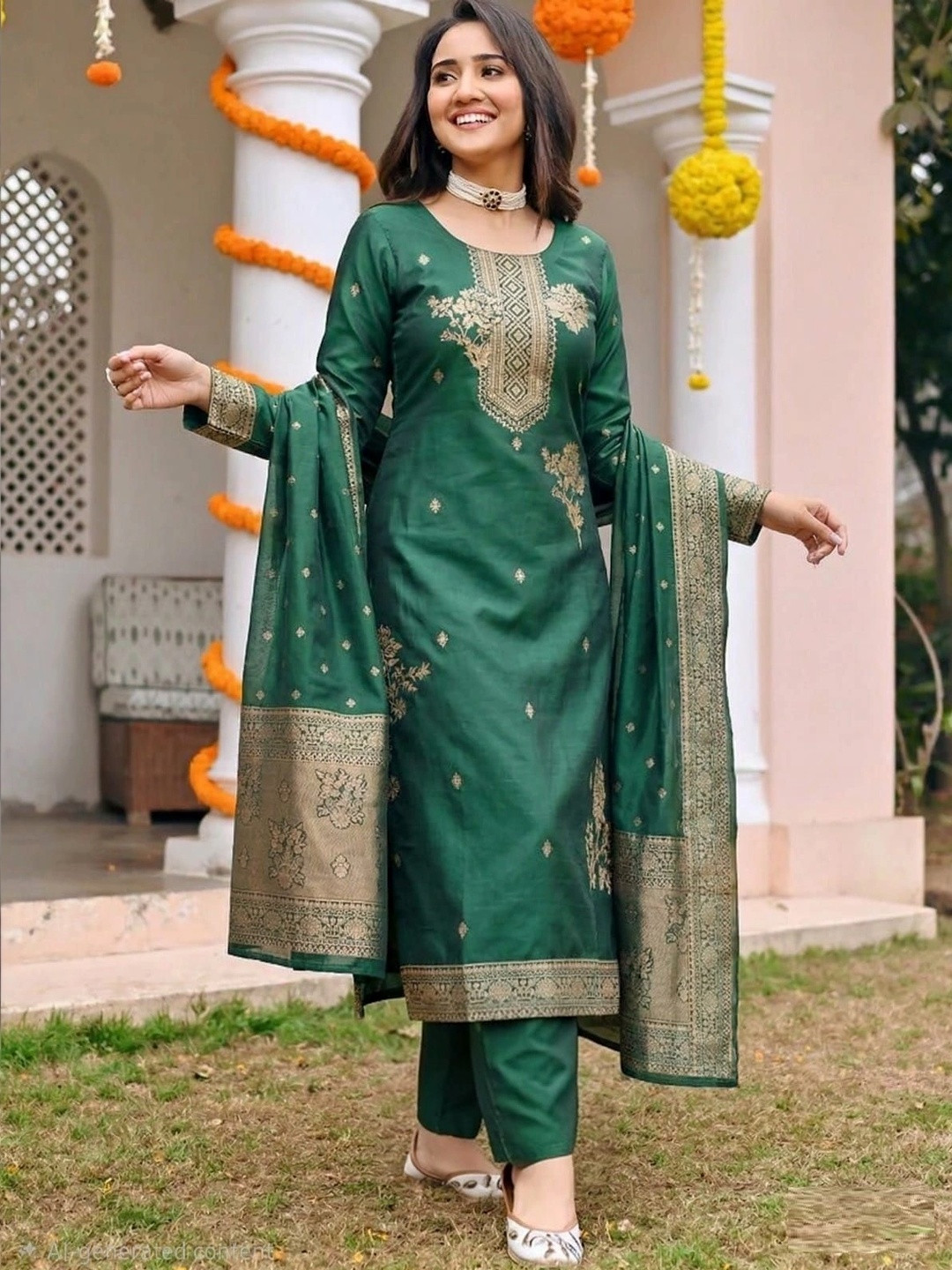 SHU-GORA Women Ethnic Motifs Embroidered Regular Kurta with Trousers & With Dupatta