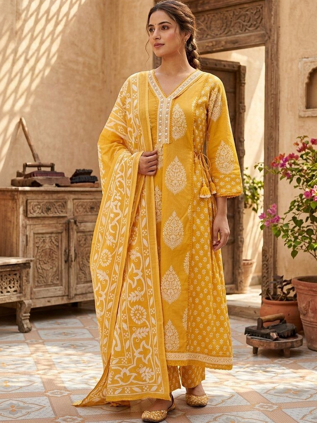 Anouk Women Ethnic Motifs Printed Angrakha Pure Cotton Kurta with Trousers & With Dupatta