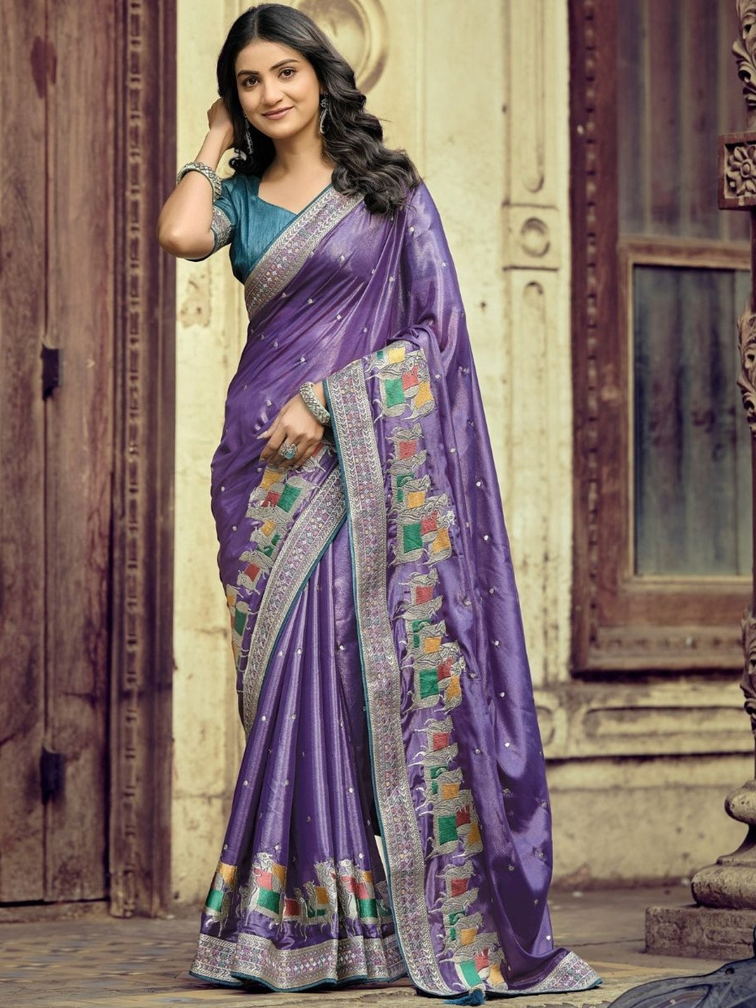 Anouk Ethnic Motifs Embroidered Silk Blend Heavy Work Saree