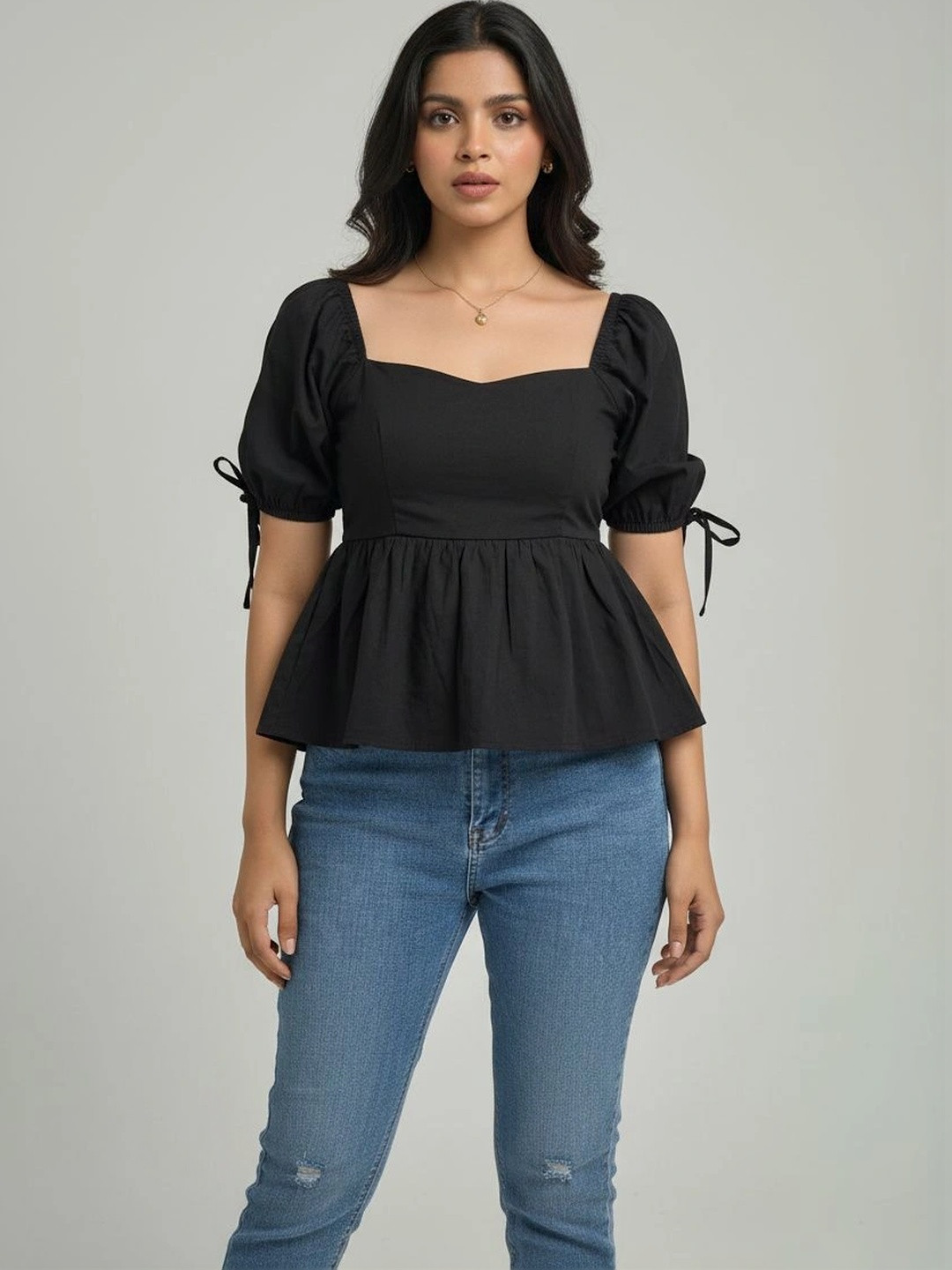 IQRAAR Puff Sleeve Cotton Peplum Top