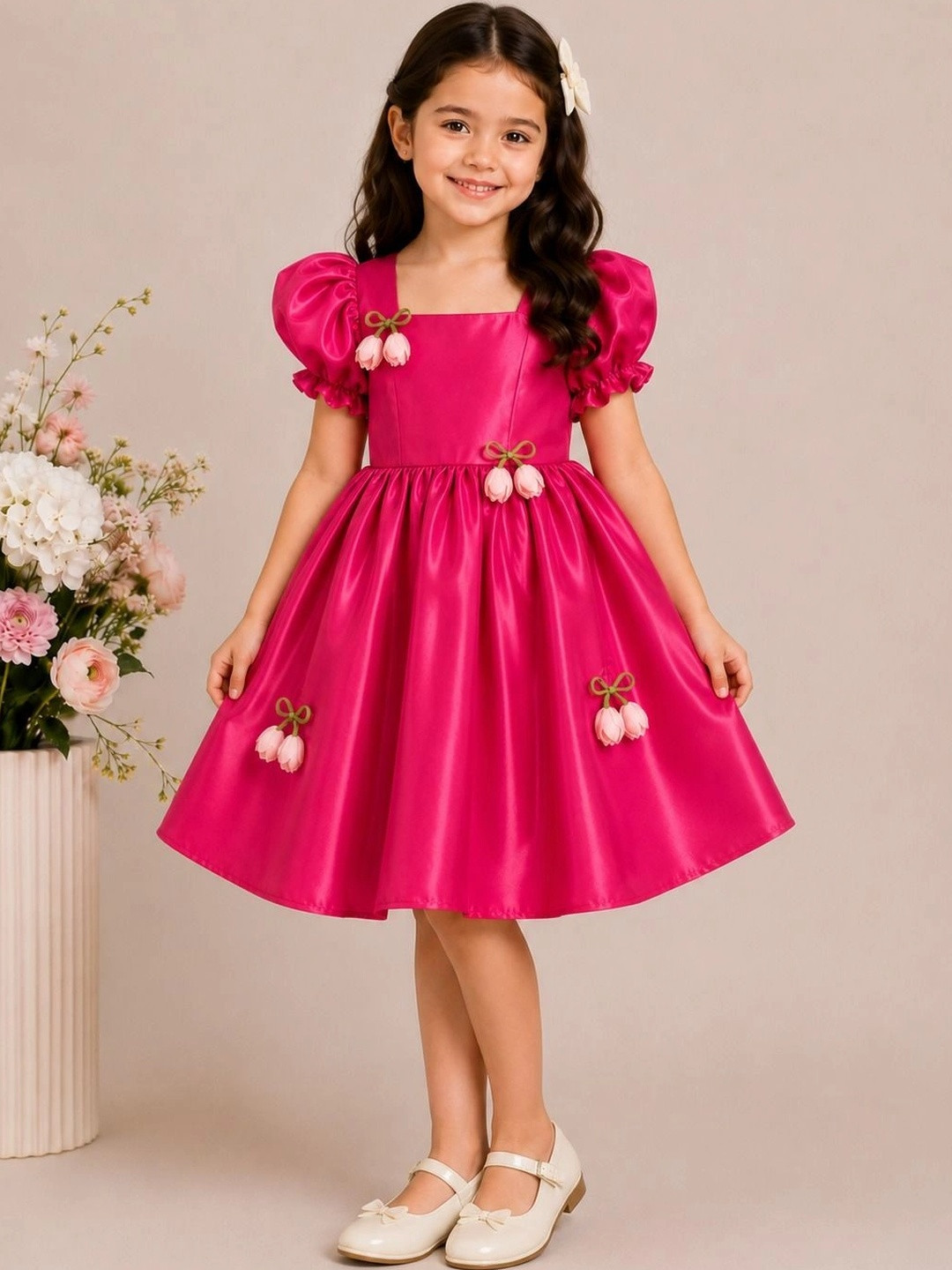 TILISM Puff Sleeve Applique Satin A-Line Dress
