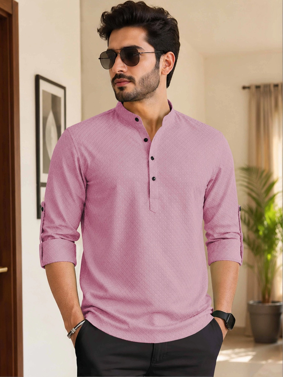 VeBNoR Men Thread Work Dobby Kurta
