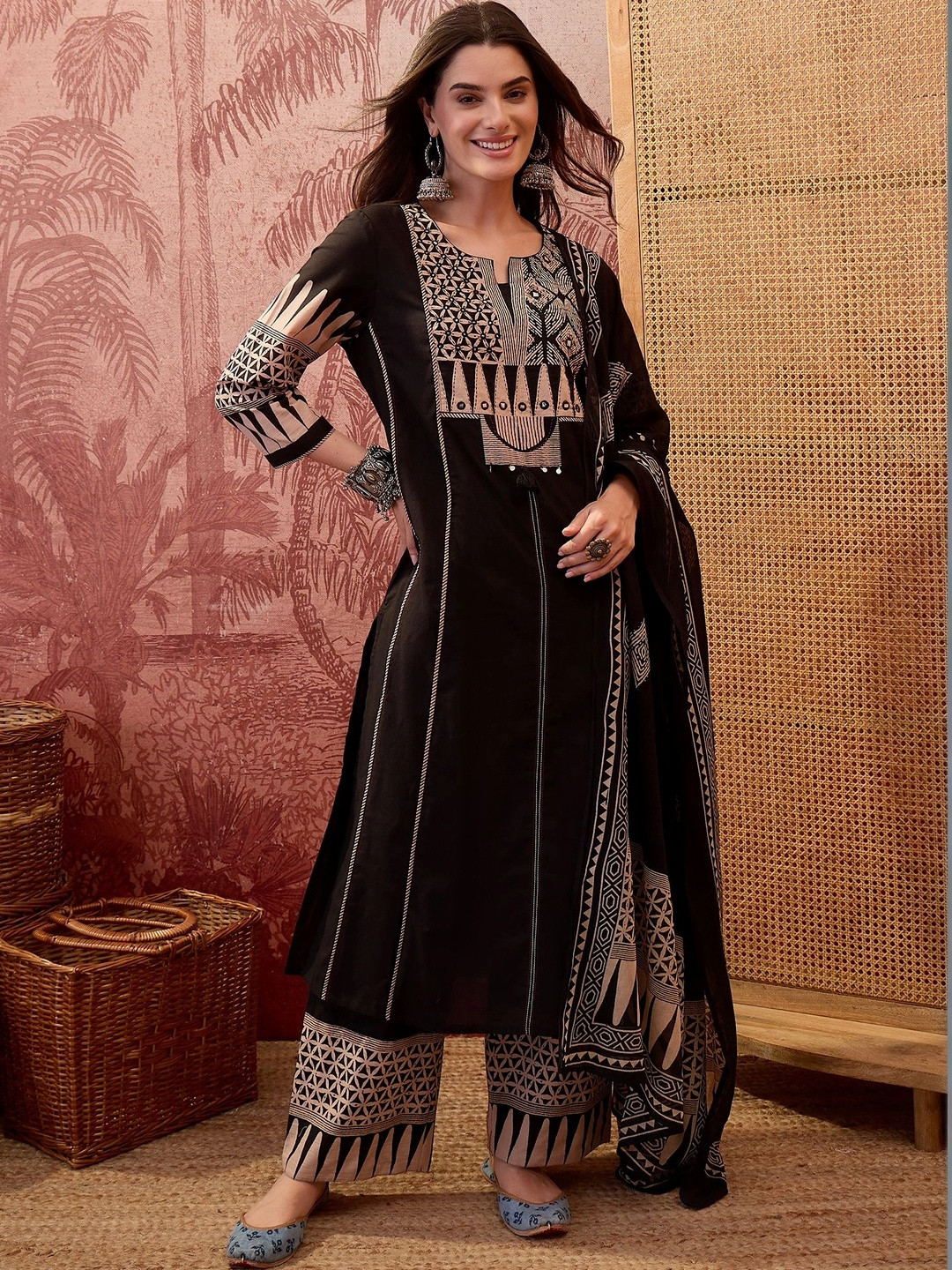Sangria Women Ethnic Motifs Printed Regular Pure Cotton Kurta with Palazzos & With Dupatta