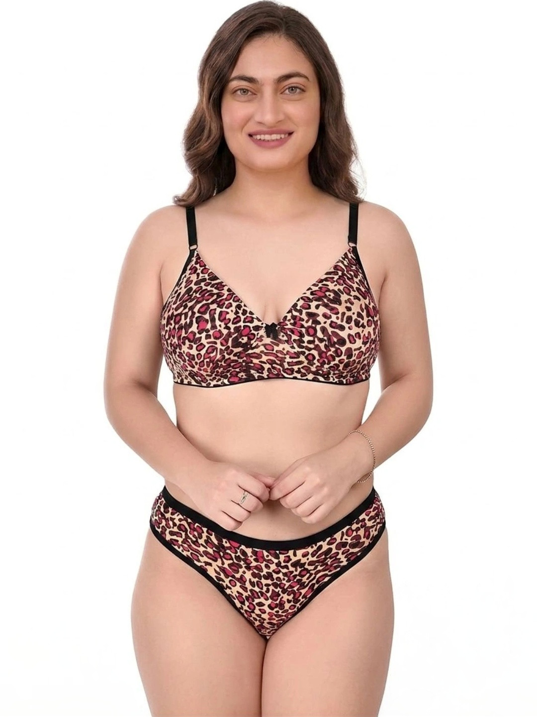 PRONEST Animal Print Lightly Padded and Non-Wired Mid-Rise Lingerie Set