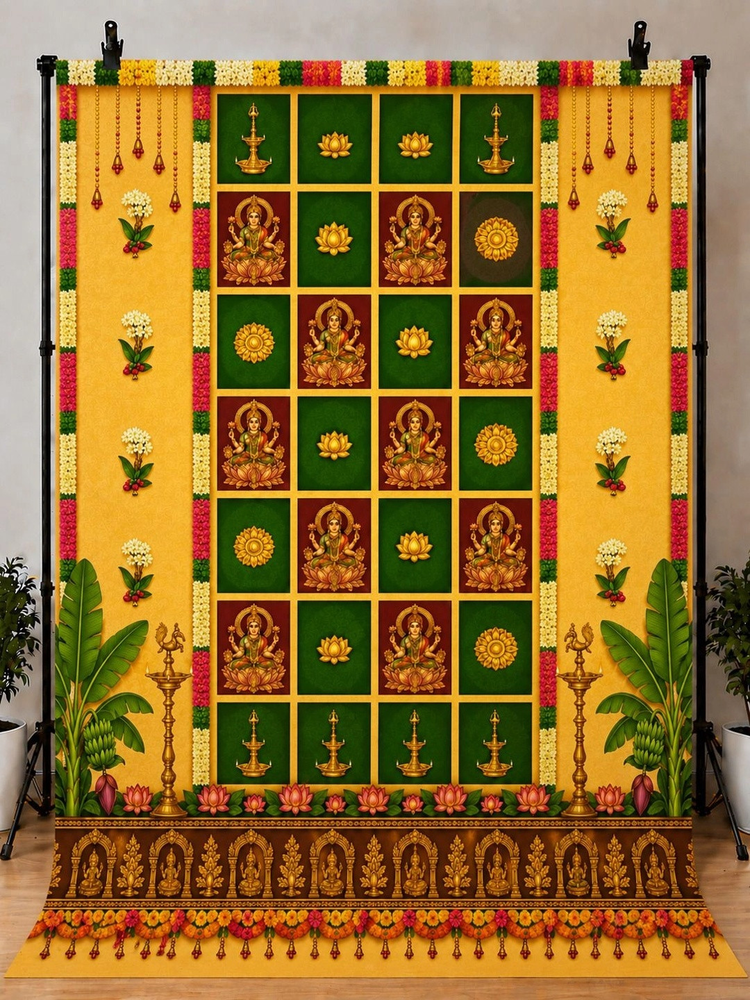 Backdropon Yellow & Green Lakshmiji Deepam Design Printed Fabric Backdrop