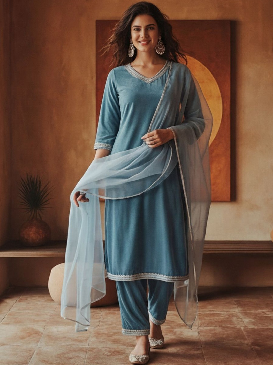 Anouk Women Regular Thread Work Velvet Kurta with Trousers & With Dupatta