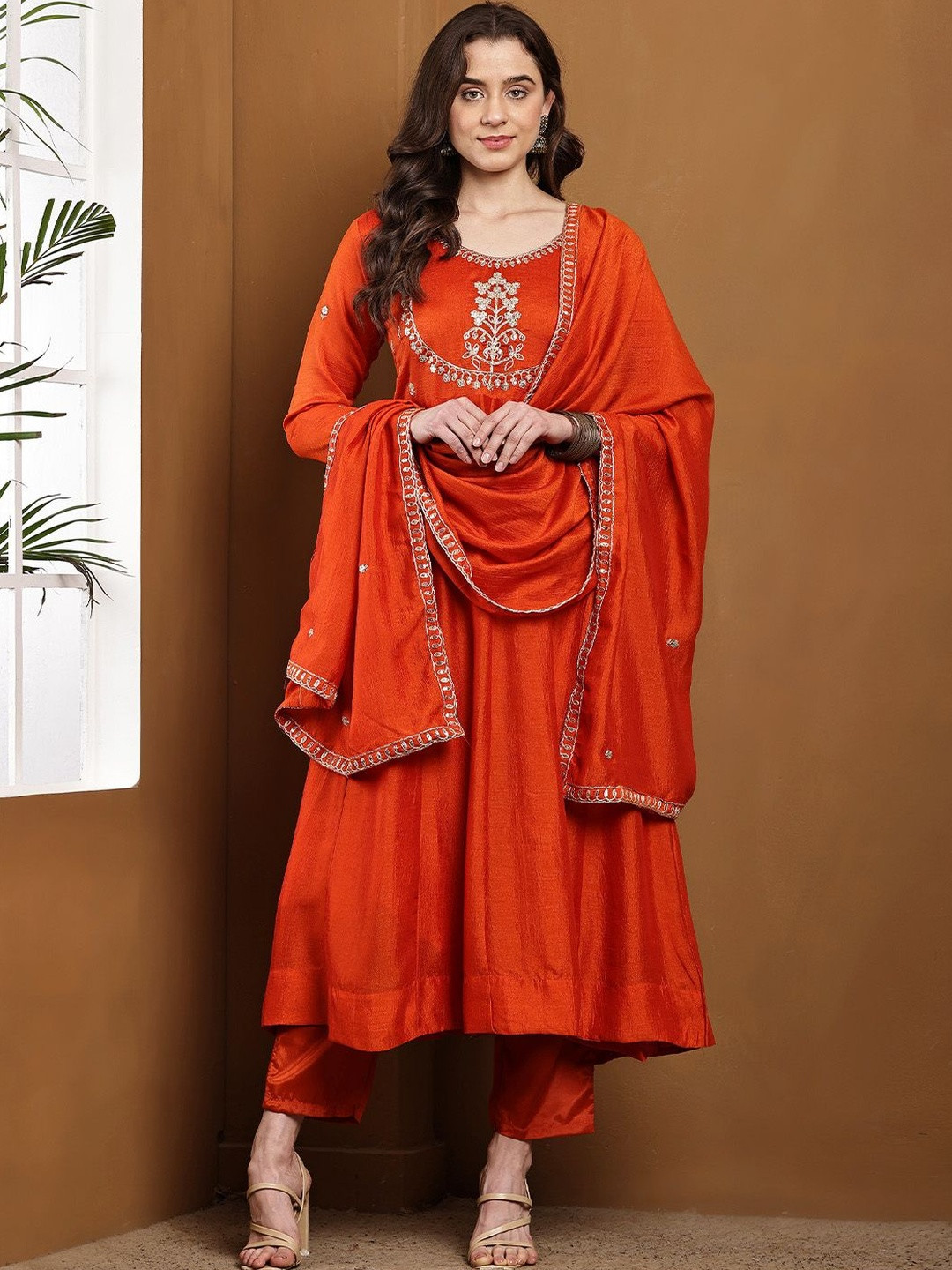 Anouk Women Ethnic Motifs Embroidered Regular Thread Work Chanderi Cotton Kurta with Churidar & With Dupatta