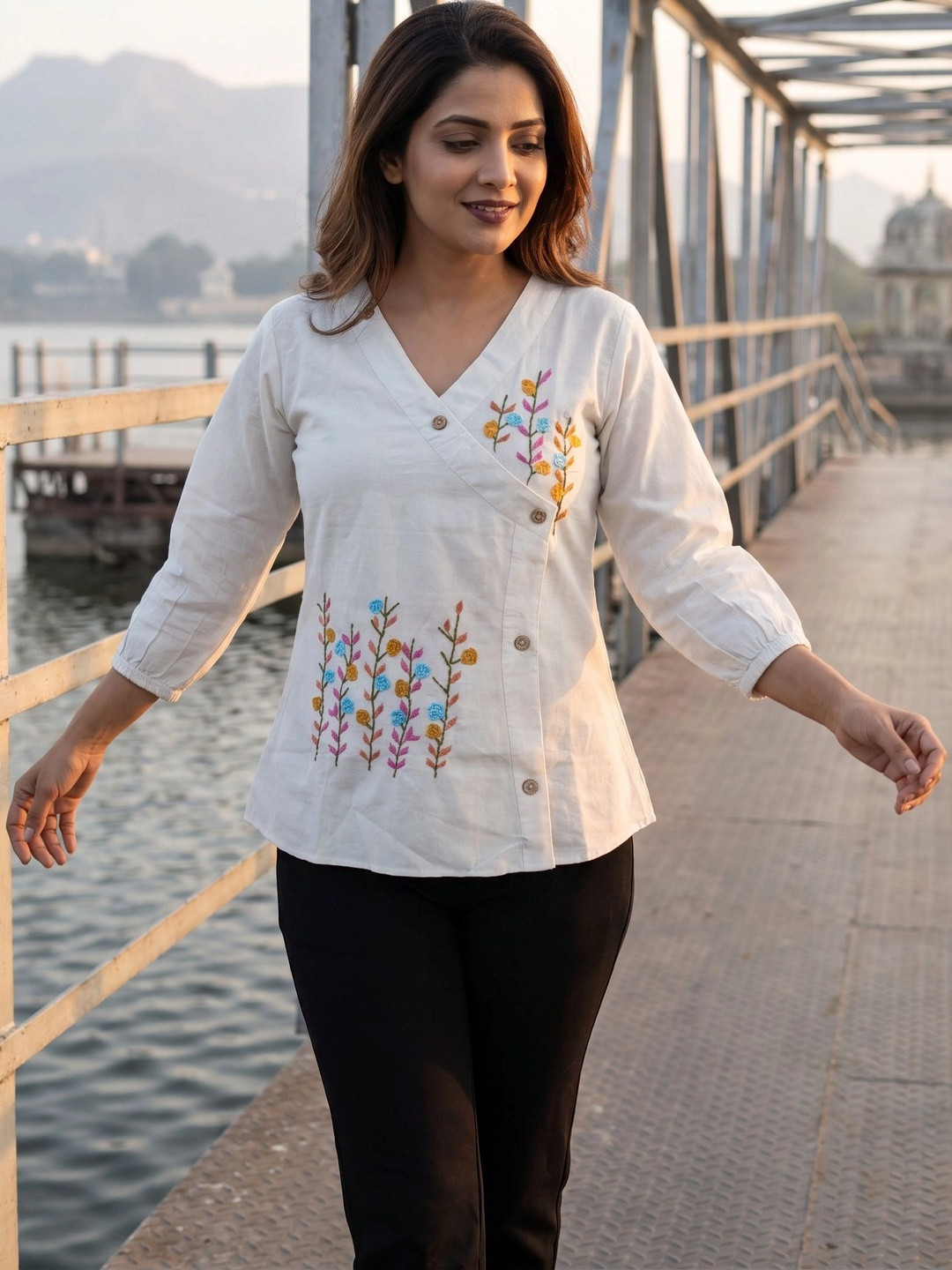 BLOUSEWALA Floral Embroidered Organic Cotton Wrap Top