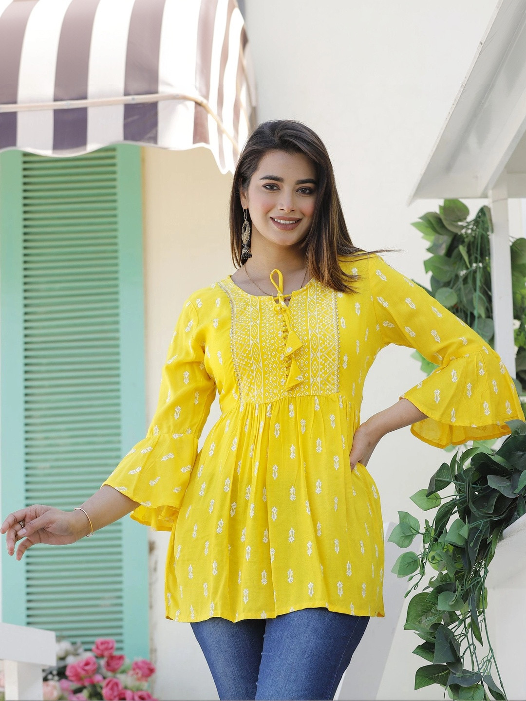 SUBHLAXMI FASHION Ethnic Motifs Printed Flared Sleeves Thread Work Handloom Thread Work Kurti