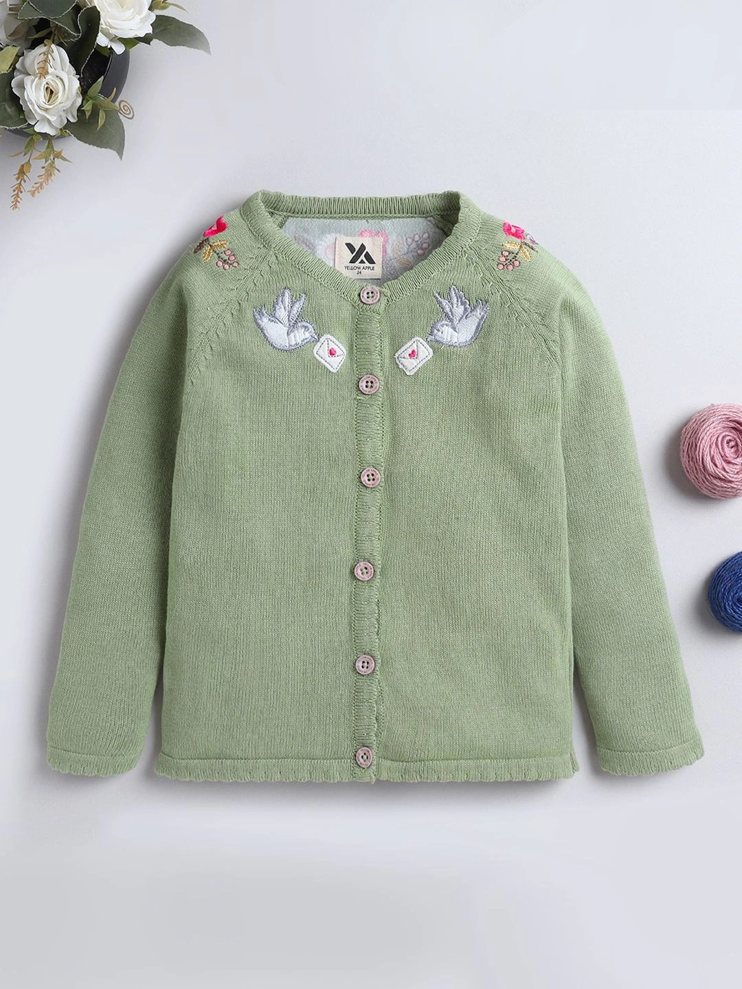 Yellow Apple Girls Floral Cardigan with Embroidered Detail