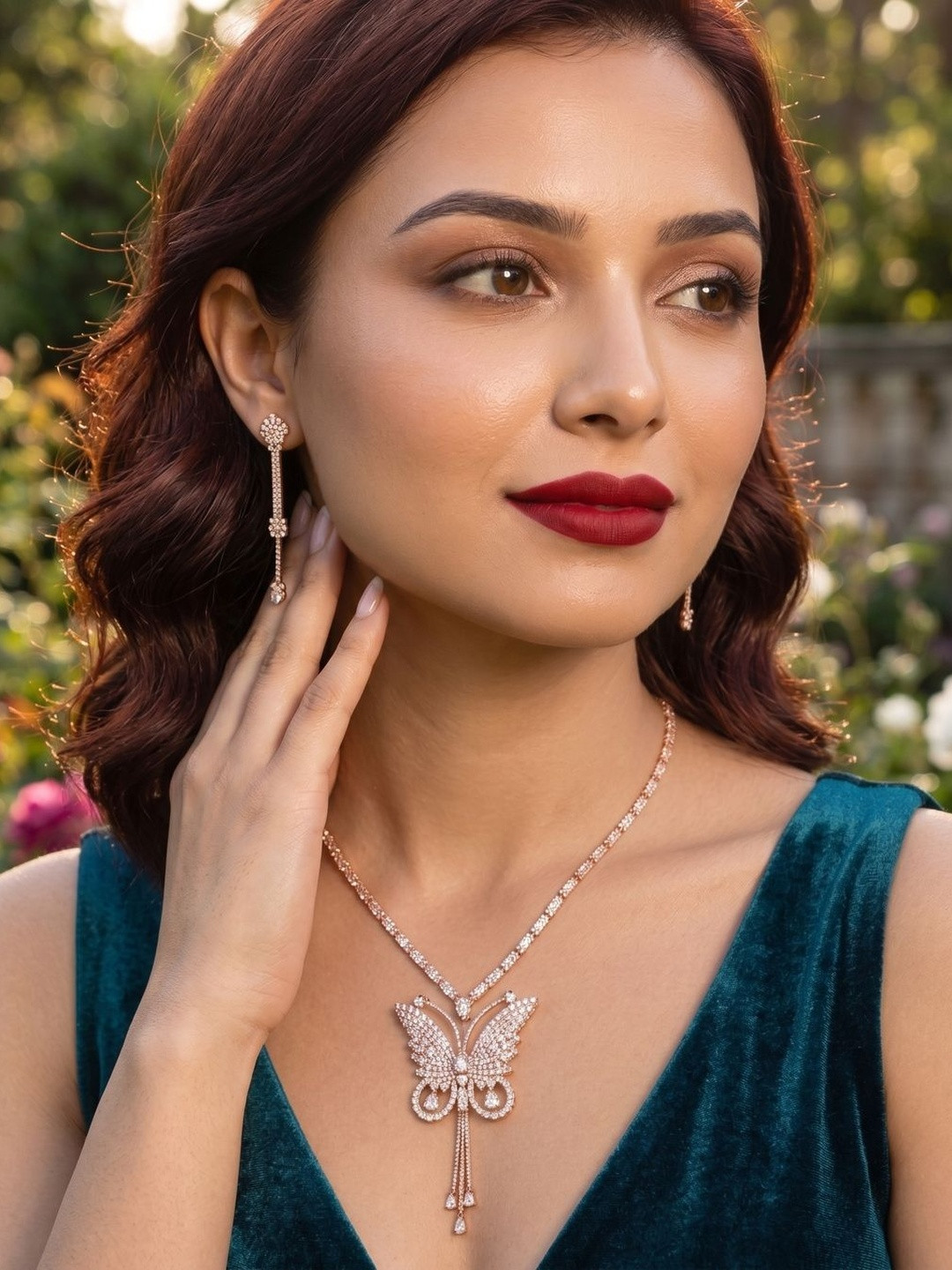 Anouk Rose Gold-Plated Stone-Studded Necklace and Earrings