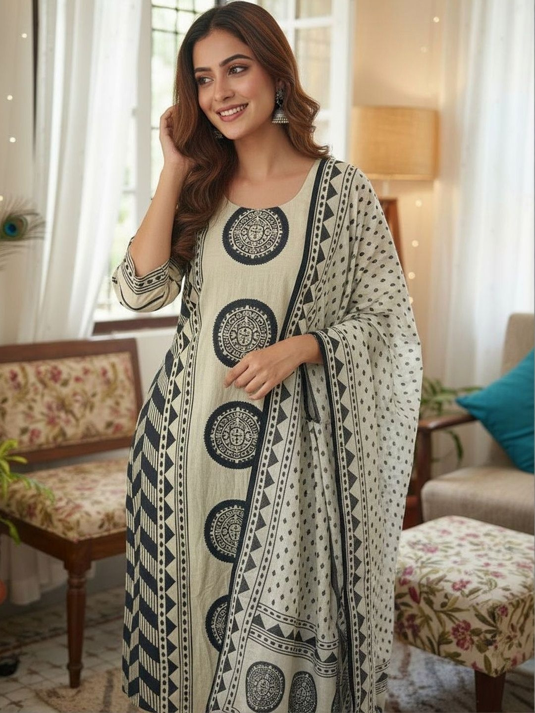 Anouk Women Printed Regular Sequinned Pure Cotton Kurta with Trousers & With Dupatta