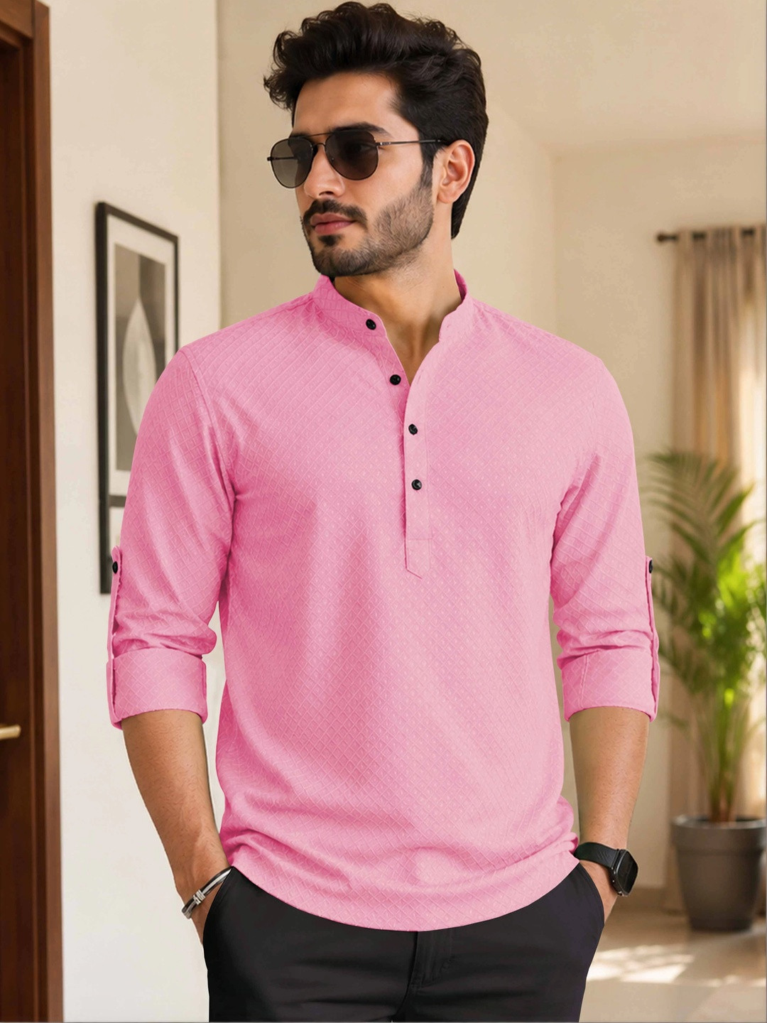 VeBNoR Men Thread Work Dobby Kurta