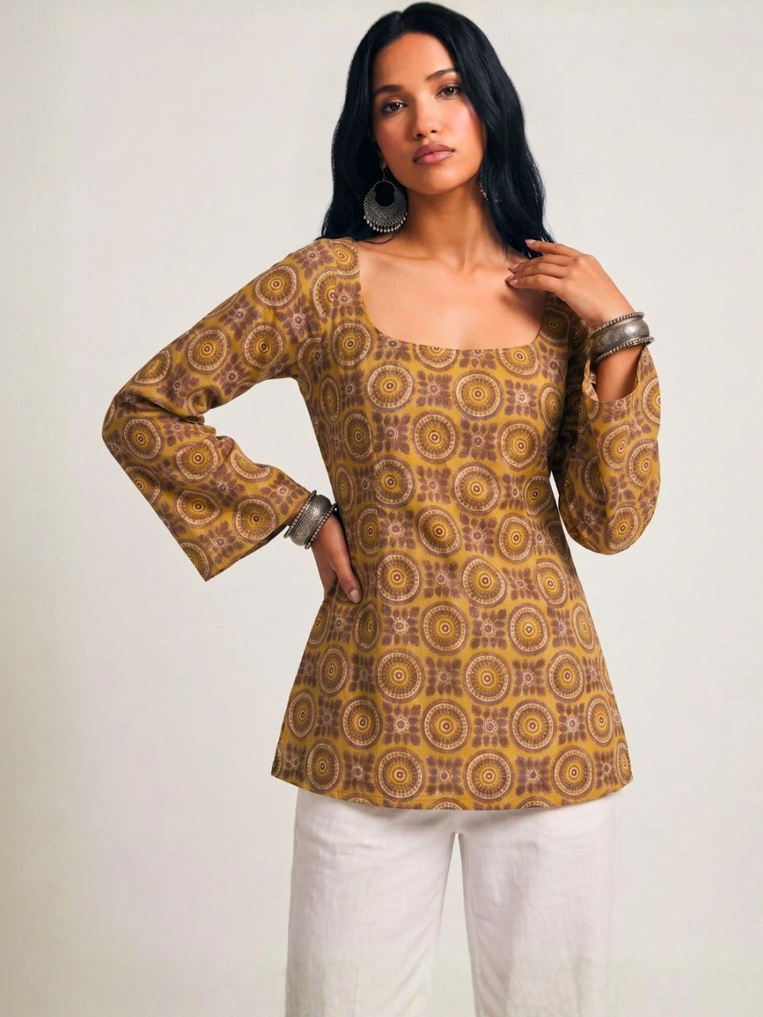 NISHORAMA Geometric Printed Square Neck Flared Sleeves Pure Cotton Kurti