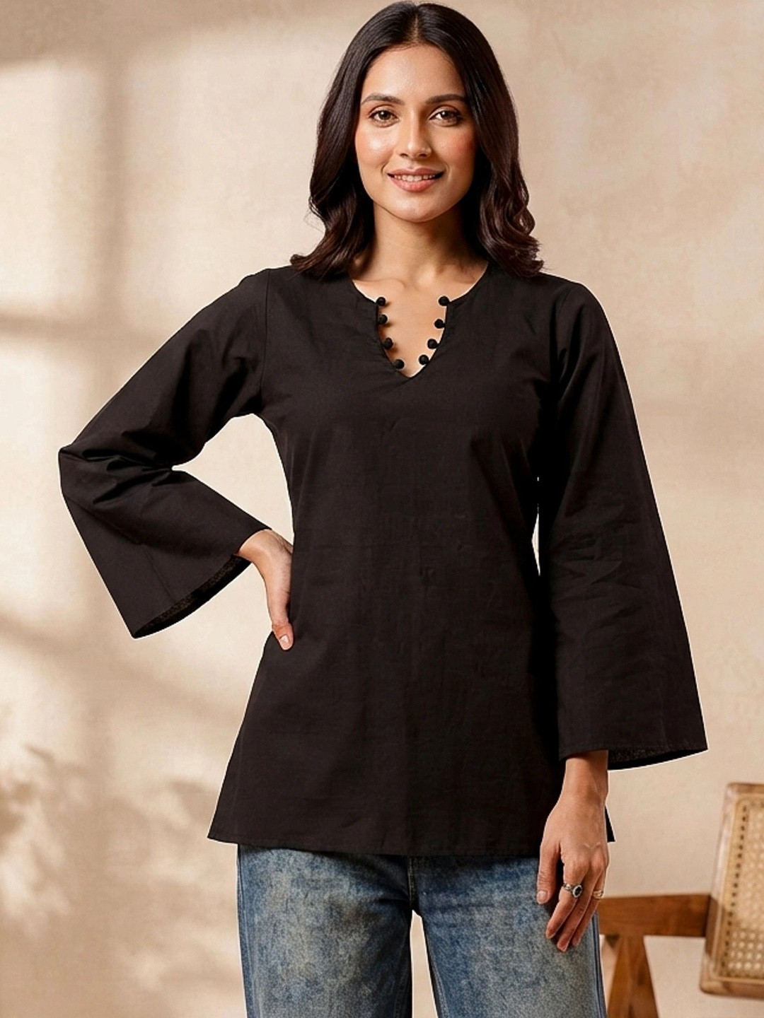 Anouk V-Neck Flared Sleeves Pure Cotton Blend Kurti