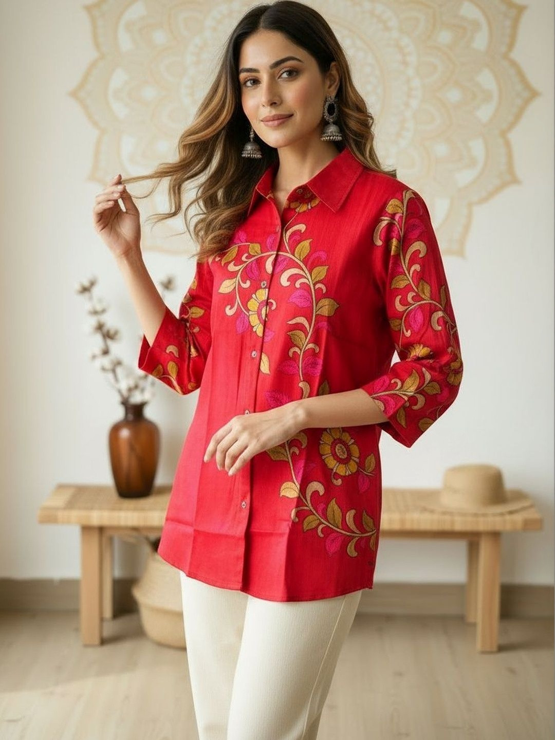 Anouk Floral Printed Shirt Collar Pure Cotton Kurti
