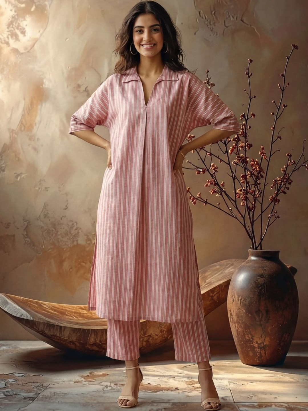 Anouk Women Striped Regular Pure Cotton Kurta with Trousers