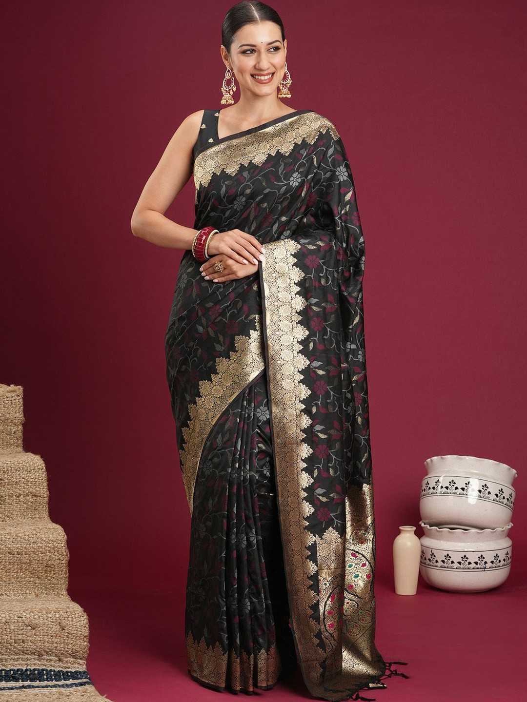 Anouk Black Floral Zari Silk Blend Heavy Work Banarasi Saree With Unstiched Blouse
