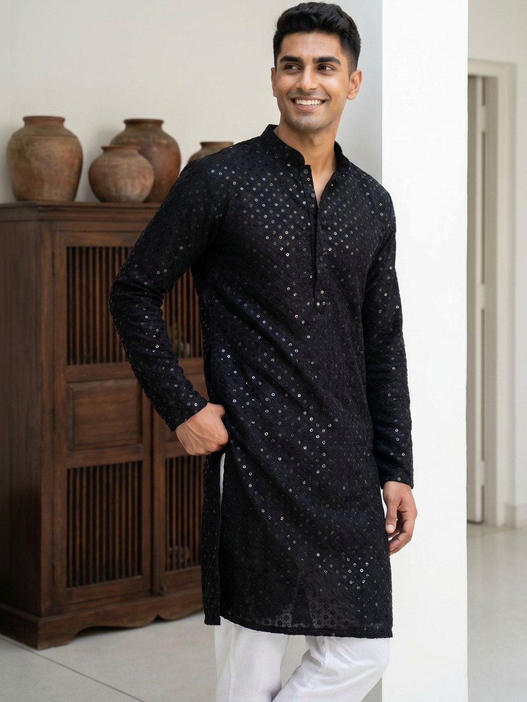 Anouk Men Ethnic Motifs Embroidered Regular Sequinned Kurta with Pyjamas