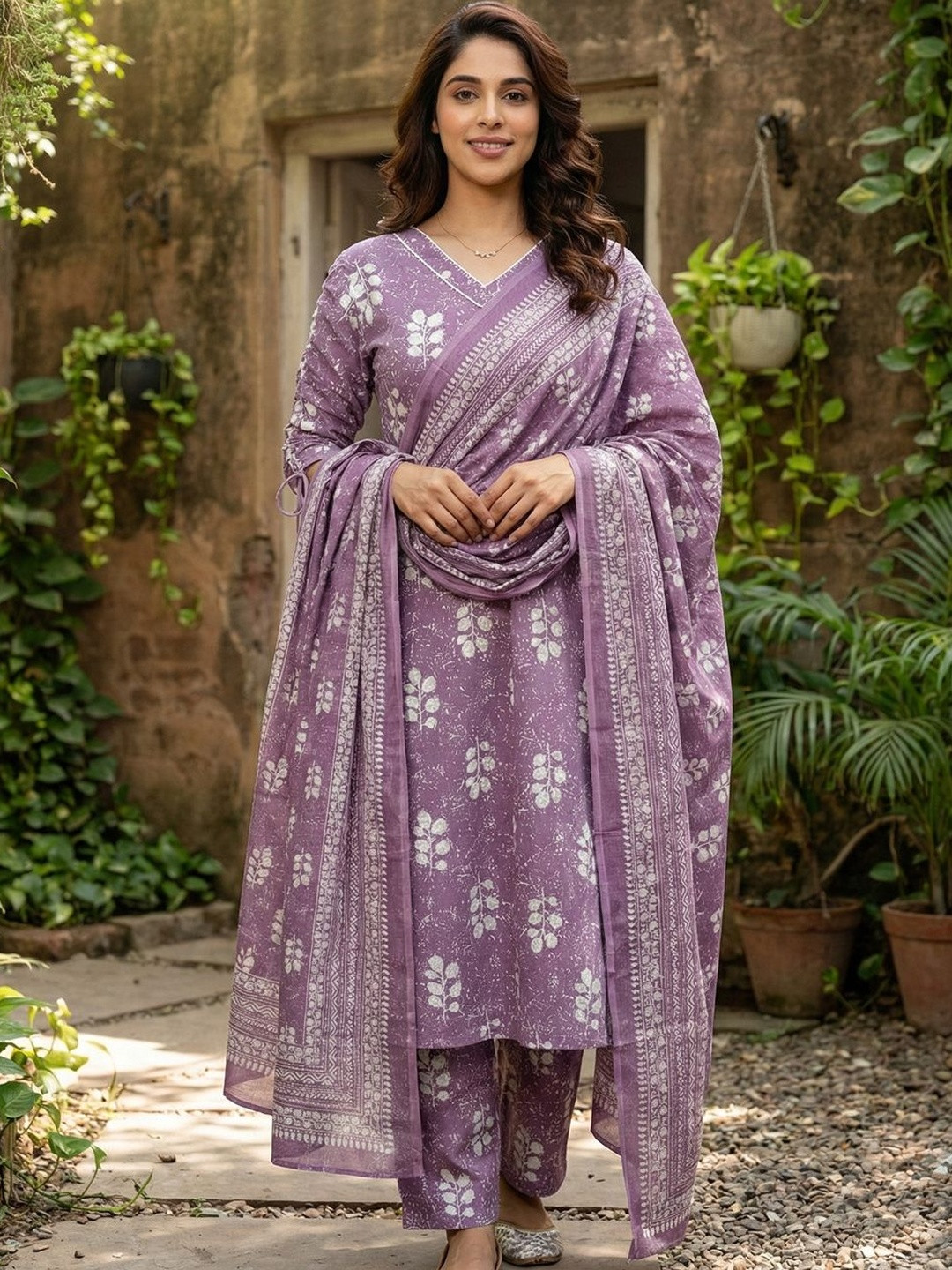 Anouk Women Floral Printed Regular Pure Cotton Kurta with Trousers & With Dupatta