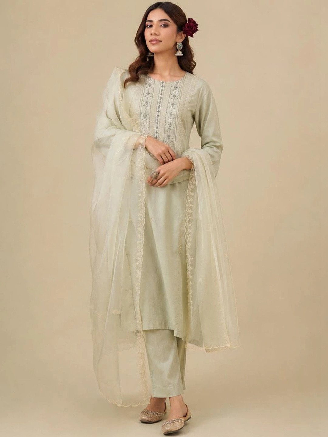 Varanga Women Ethnic Motifs Embroidered Regular Thread Work Kurta with Trousers & With Dupatta