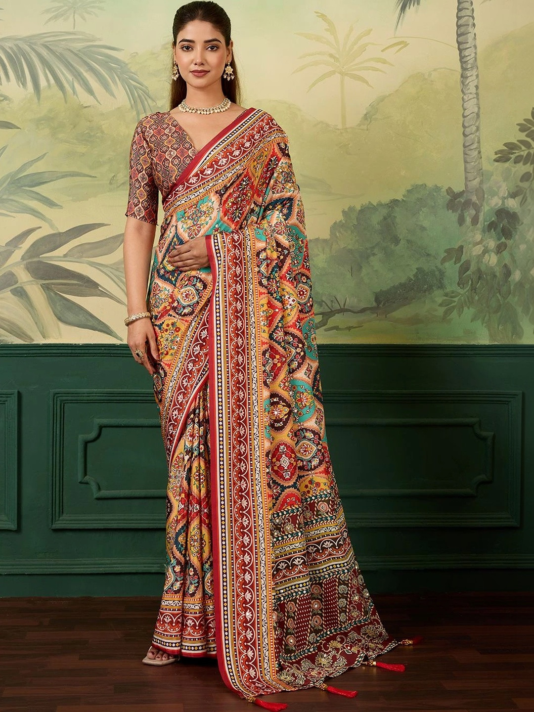 Anouk Ethnic Motifs Mirror Work Silk Blend Designer Saree