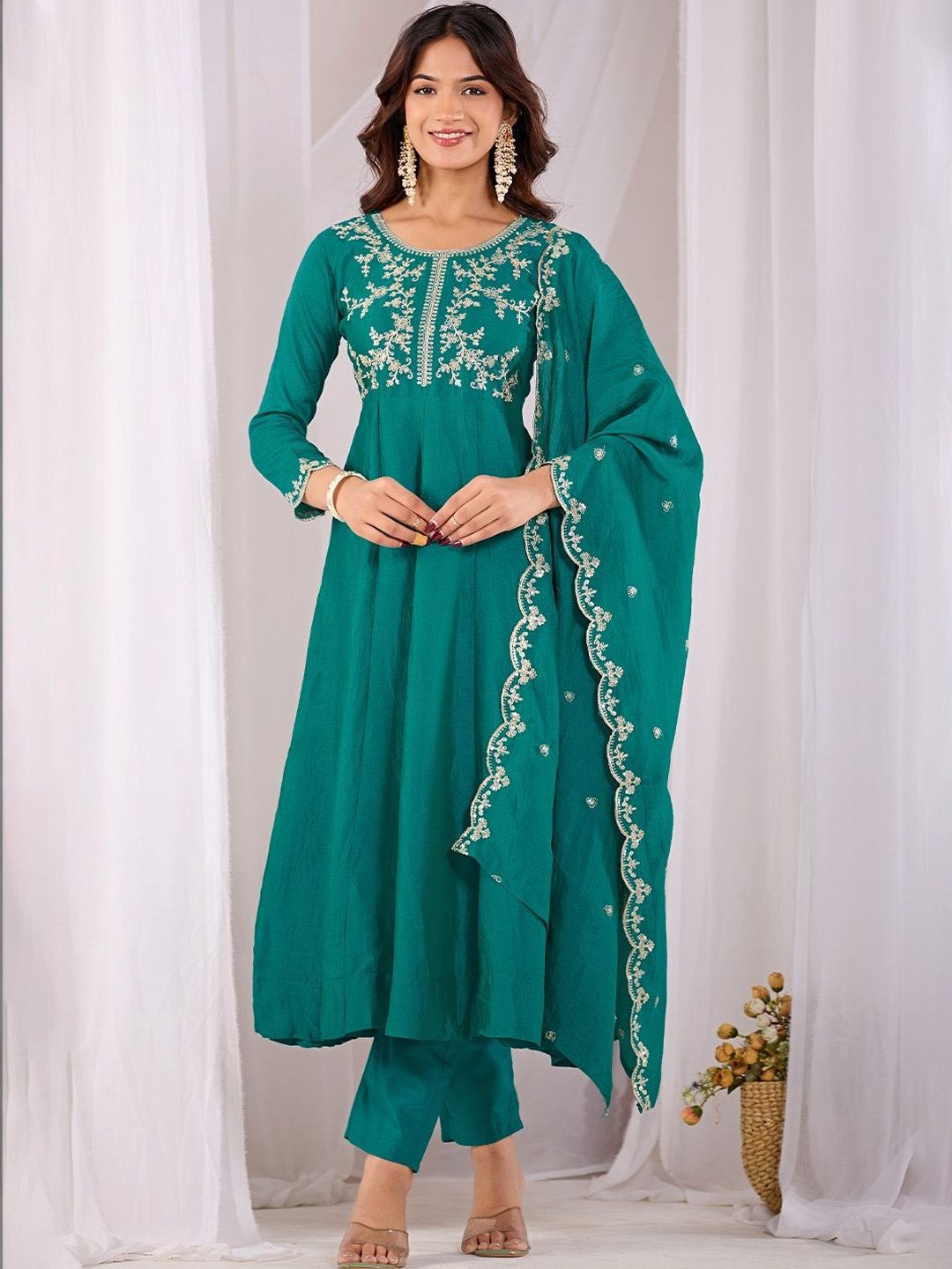Sangria Women Ethnic Motifs Embroidered Tiered Thread Work Kurta with Trousers & With Dupatta